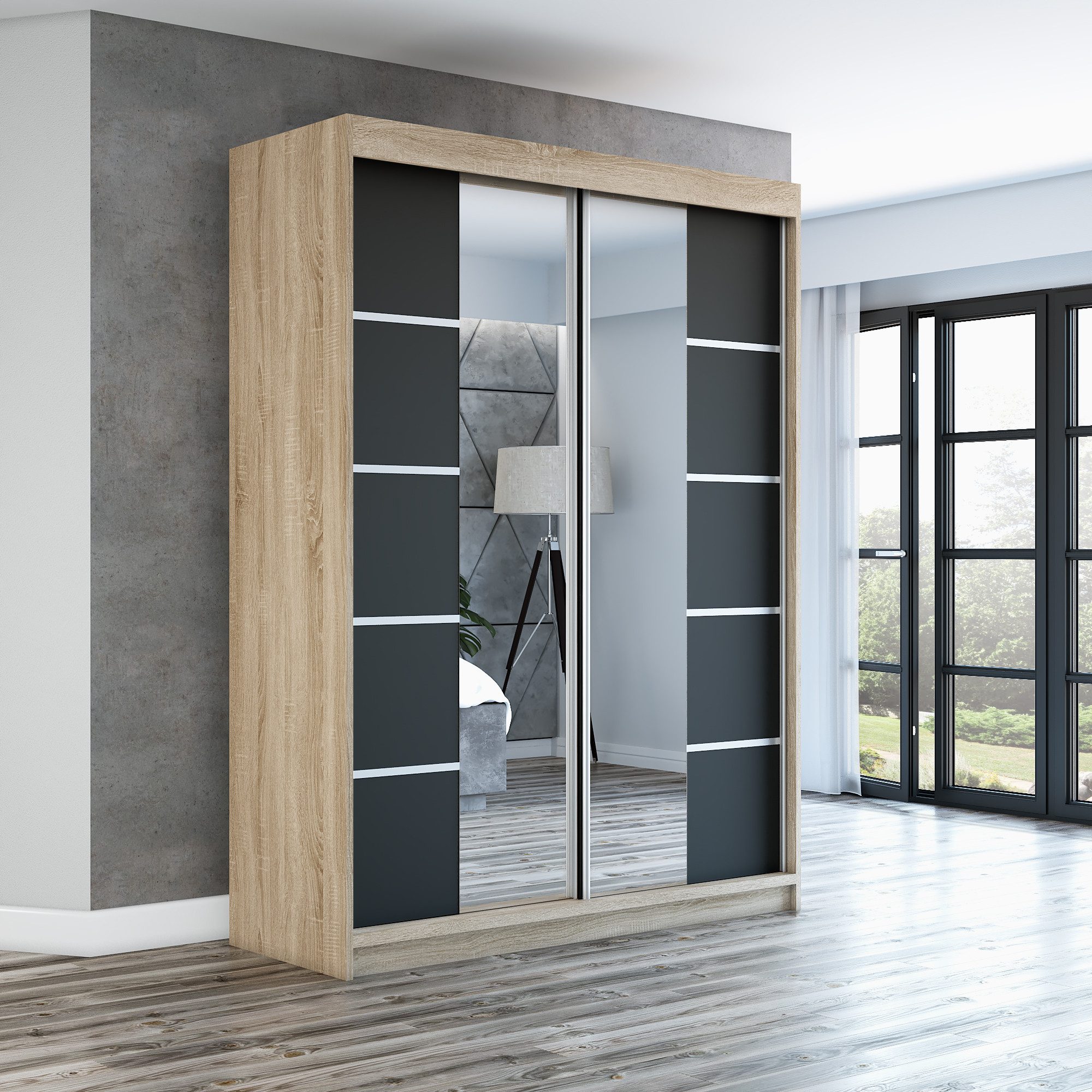 A&J MöbelLand GmbH Schiebetürenschrank ERA mit Spiegel. (TOP ANGEBOT! Geräumiger Schrank mit viel Stauraum:6 Regalen und 1 Kleiderstange – -ideal zur Aufbewahrung von Kleidung und Accessoires. TOP PRODUKT! Farbe und Größe (120 cm, 160 cm, 180 cm) zur Auswahl -wählen Sie das ideale Modell für Ihr Schlafzimmer!, Kleiderschrank mit Regalen) Breite: 120 cm, 140 cm, 160 cm, Höhe: 215 cm, Tiefe: 59,5 cm