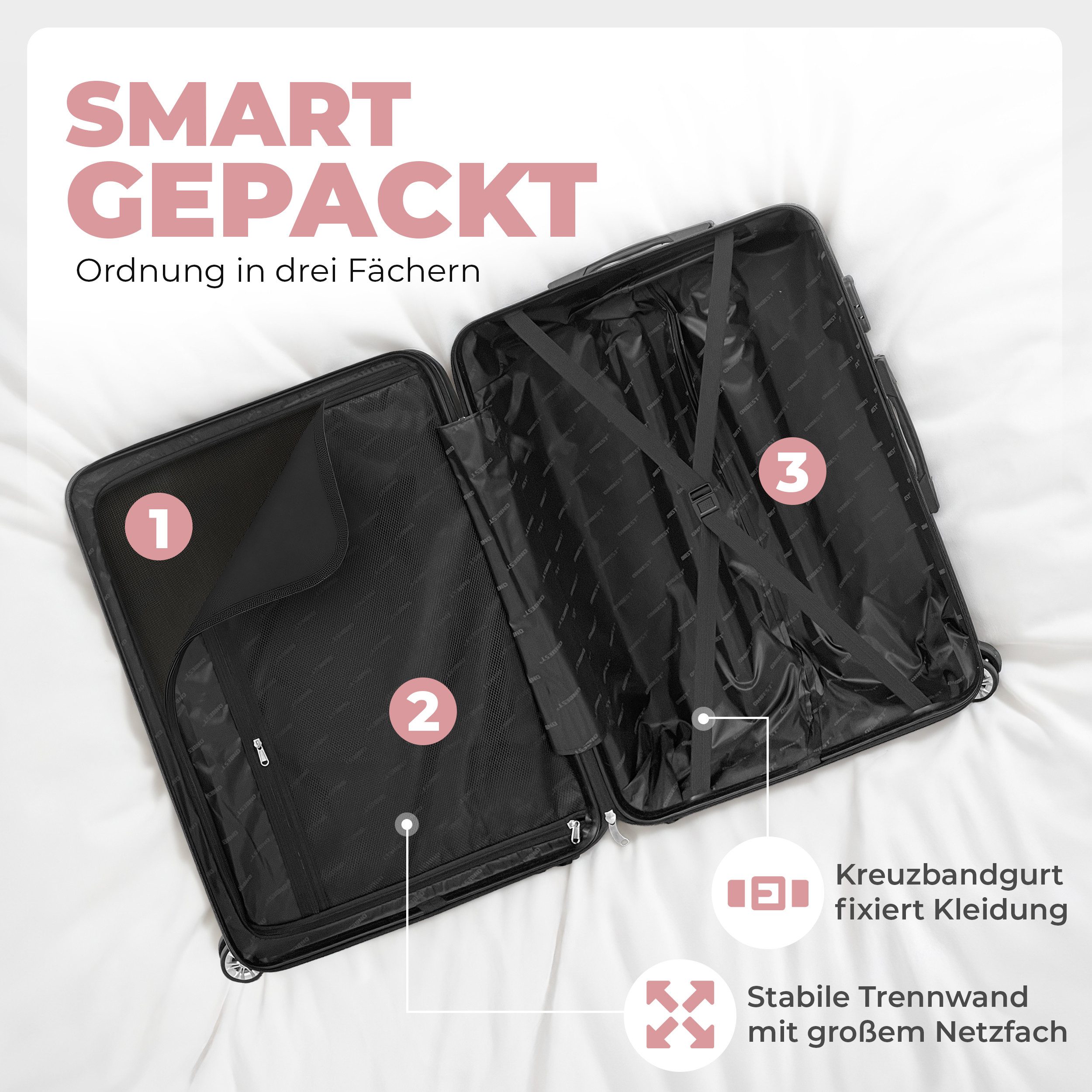 Onbest Kofferset 3er Hartschallen Trolley Set PREMIUM 20",24",28", 4 Rollen, (Set, 3 tlg., Hartschalen-Trolley Set), ABS-Material, mit viel Zubehör, wasserabweisend