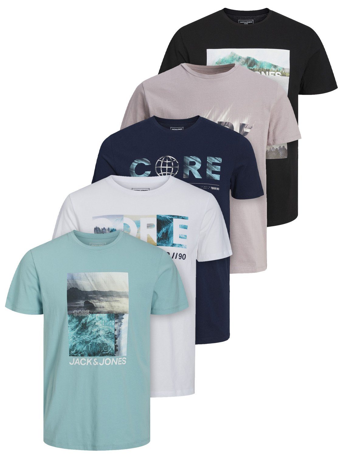 verschiedenen Vel Print in T-Shirts Print-Shirt Farben unterschiedlichen & Motiven (5-tlg) Mix10 und Jack T-Shirt Jones 5