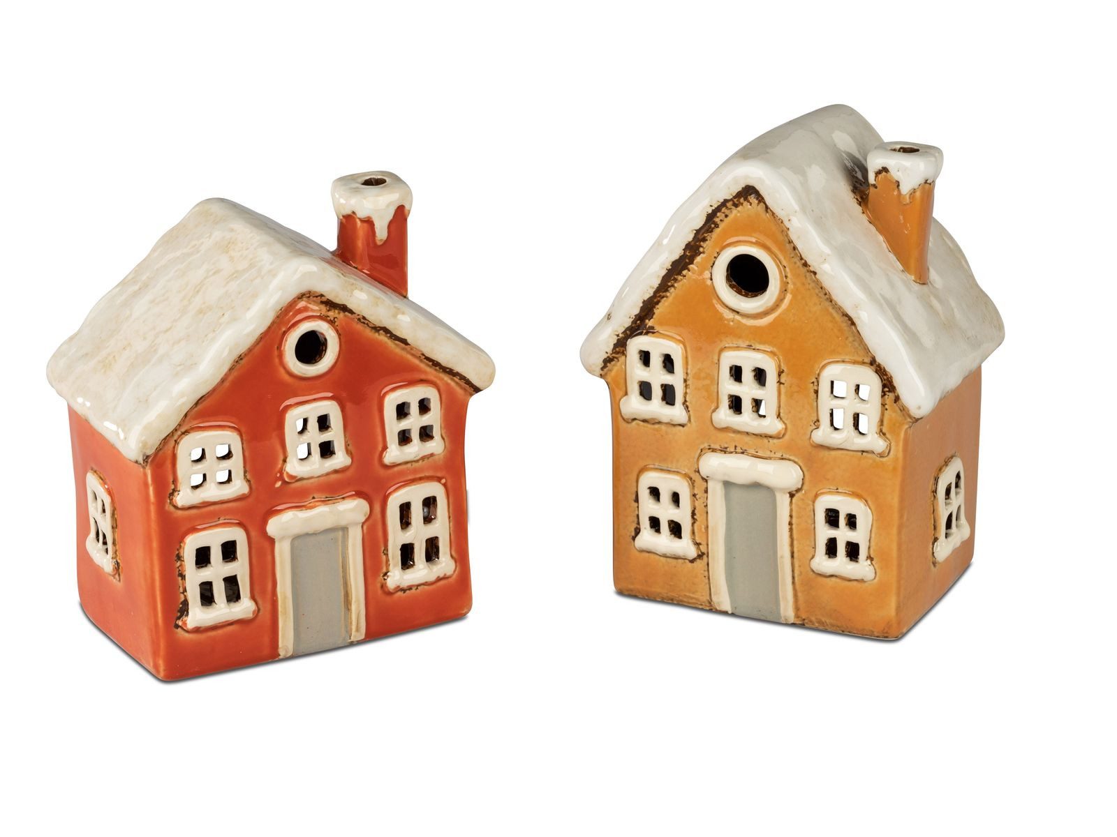 formano Teelichthalter mit Tablett 2er Set Windlicht Haus 17 cm Herbst Weihnachtsdeko Keramik handbemalt (Sparset)