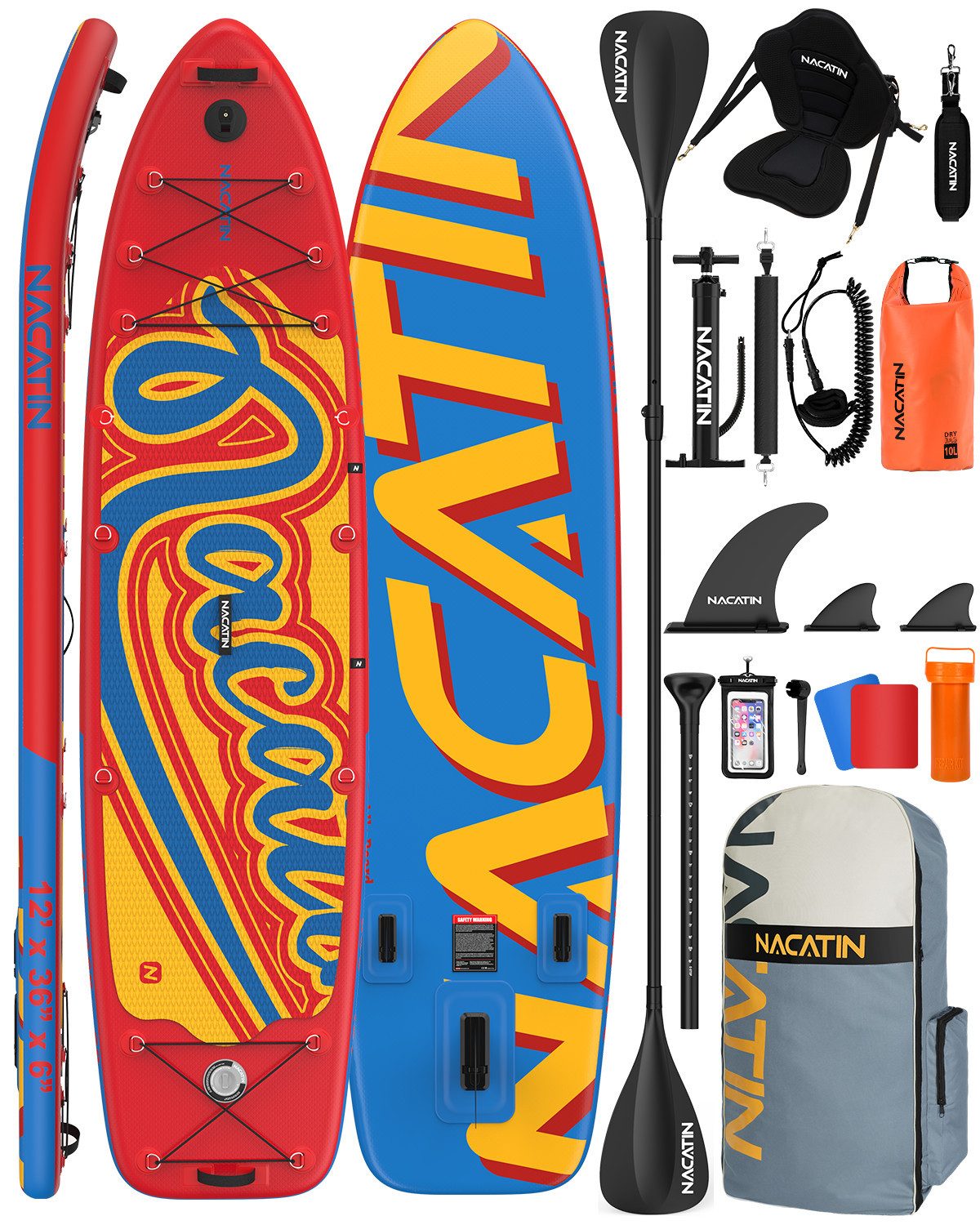 NACATIN Inflatable SUP-Board 12' (366cm) mit Kajaksitz, breites 90cm Deck für Erwachsene & Familie, Inflatable SUP Board, mit Paddel, Pumpe & komplettem Zubehör