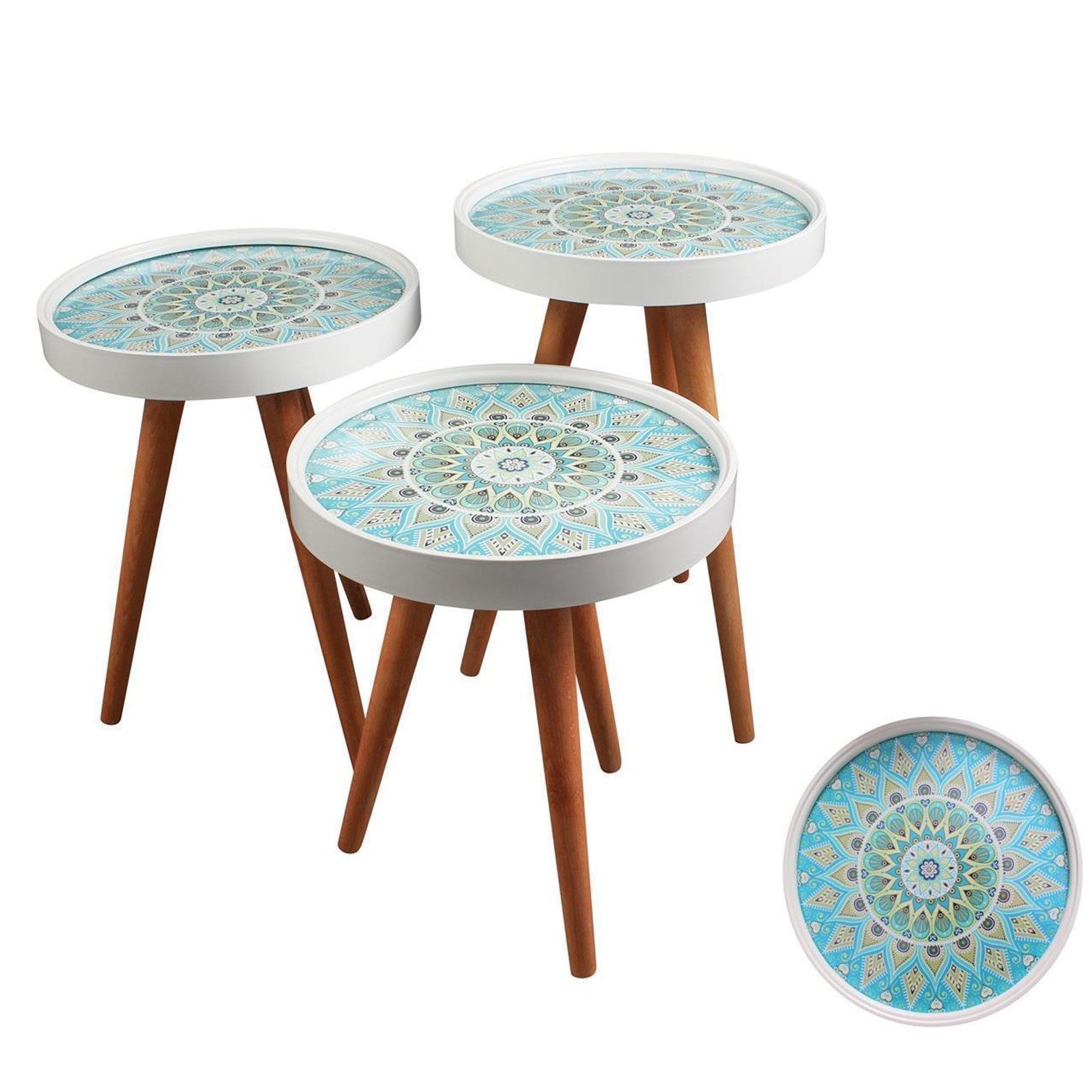 HOOZ Beistelltisch Satztisch 3er Set Beine Holz rund Ø 38 cm, Höhen: 47/ 53/ 59 cm Mosaik (Set, 3-St., 3× Sofatisch), Platzsparendes 3er Couchtisch Set – flexibel ineinander schiebbar