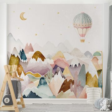 Bilderdepot24 Kindertapete Boho Berglandschaft Aquarell Illustration Natur bunt modern, Glatt, Matt, (Inklusive Gratis-Kleister oder selbstklebend), Mädchenzimmer Jungenzimmer Babyzimmer Bildtapete Fototapete Wandtapete