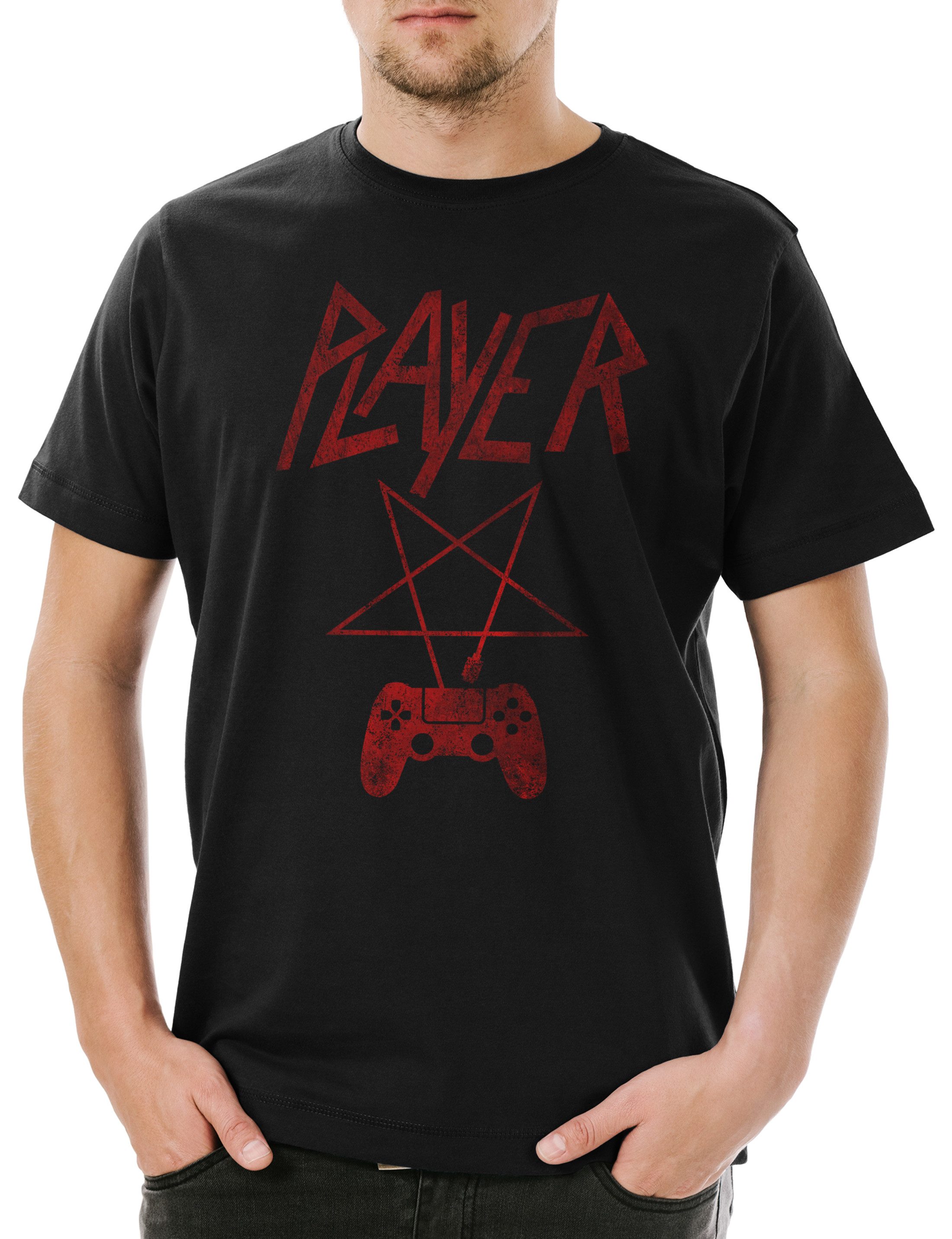 Print-Shirt Player P Herren T-Shirt Pentagramm Logo Pentacle Slayer Gamer Gaming