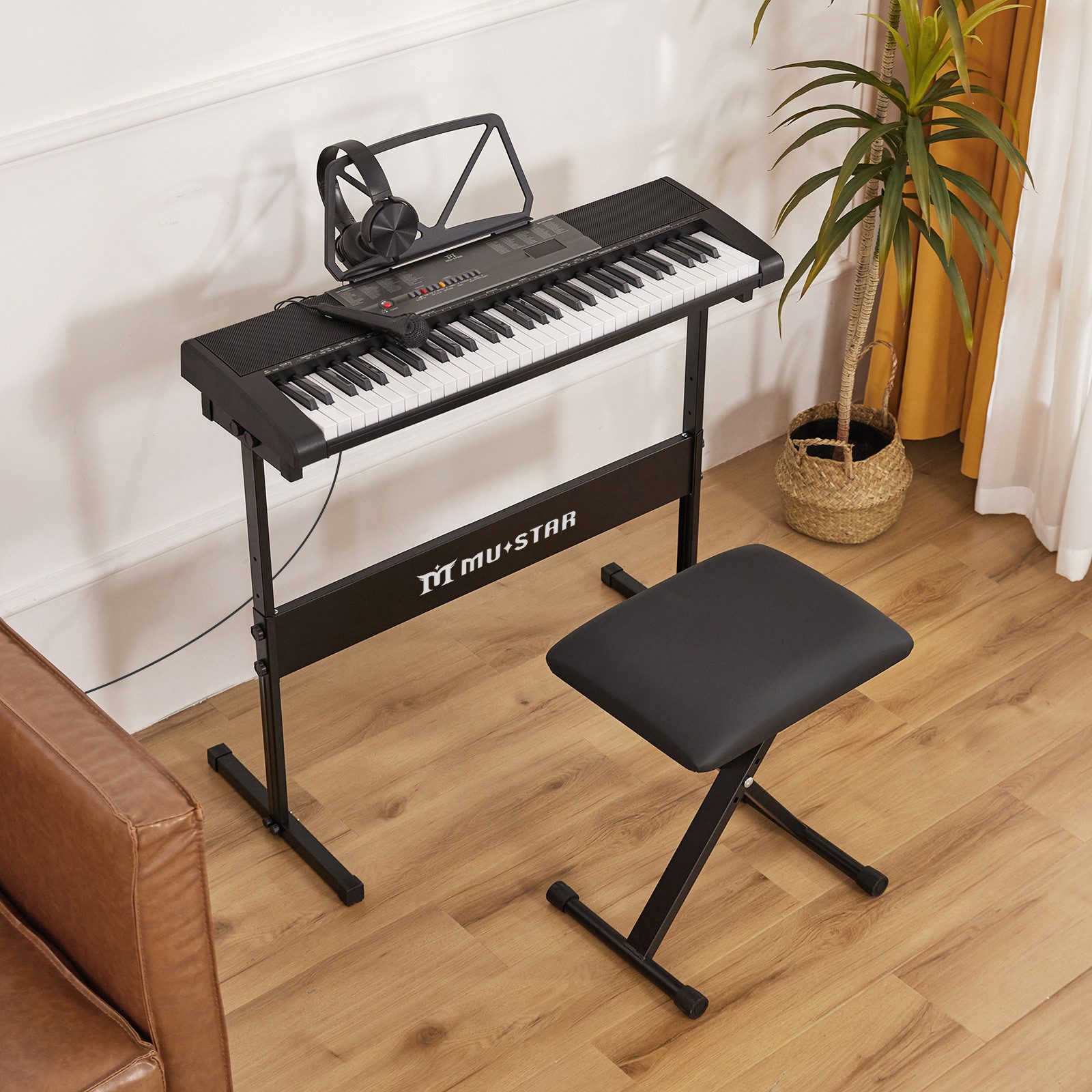 MUSTAR Digitalpiano 61 beleuchtete Tasten mit Touch-Funktion, Tragbares E-Piano (mit Klavierhocker), mit intelligentem Unterricht, Ständer, Hocker, Kopfhörer &  – Bild 4 von 5
