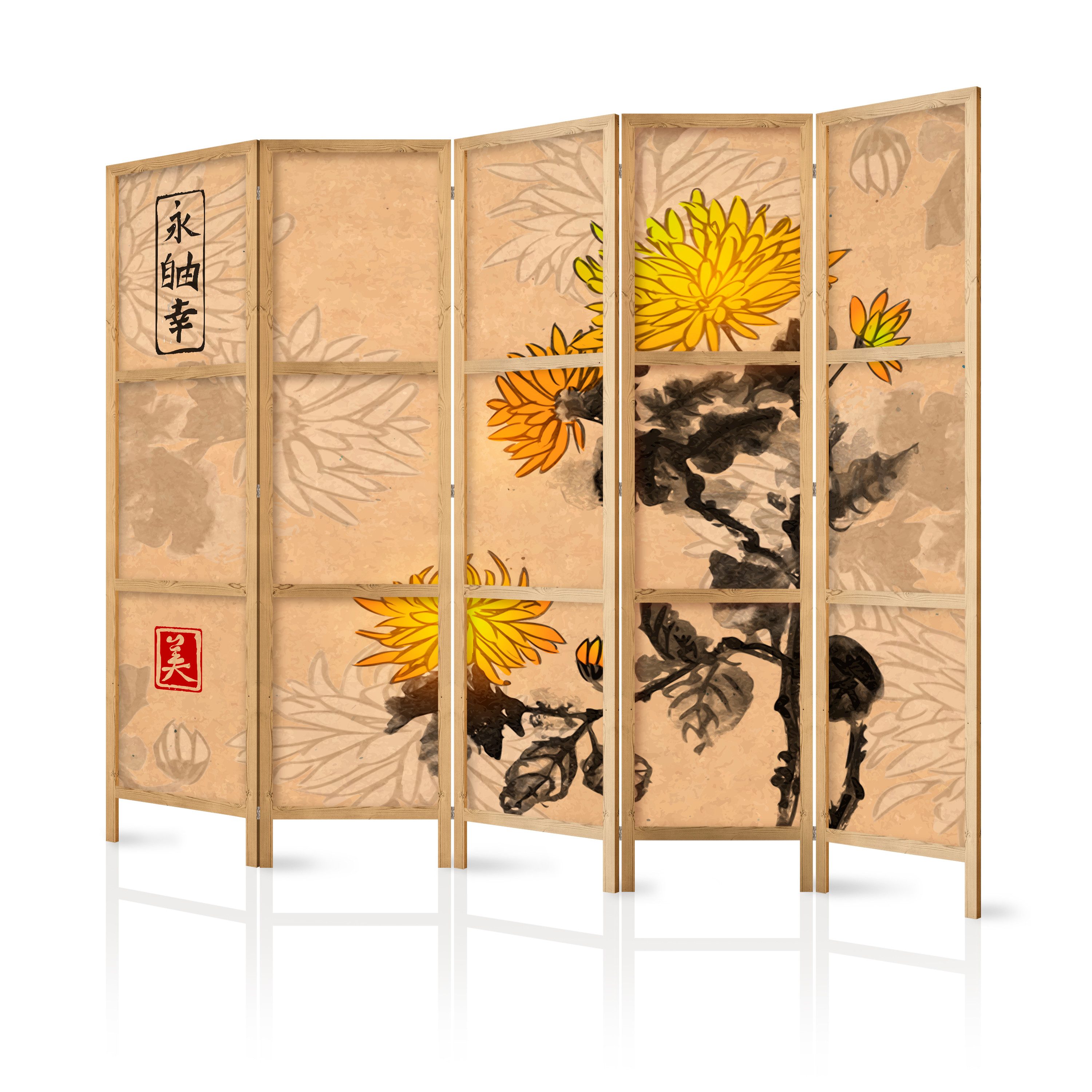 Muralo Paravent 5-teilig Japanischer Paravent klappbar Gelbe Chrysanthemen Blumen Boho (Packung, 1 St., 225x172 cm), Für das Wohnzimmer, das Schlafzimmer
