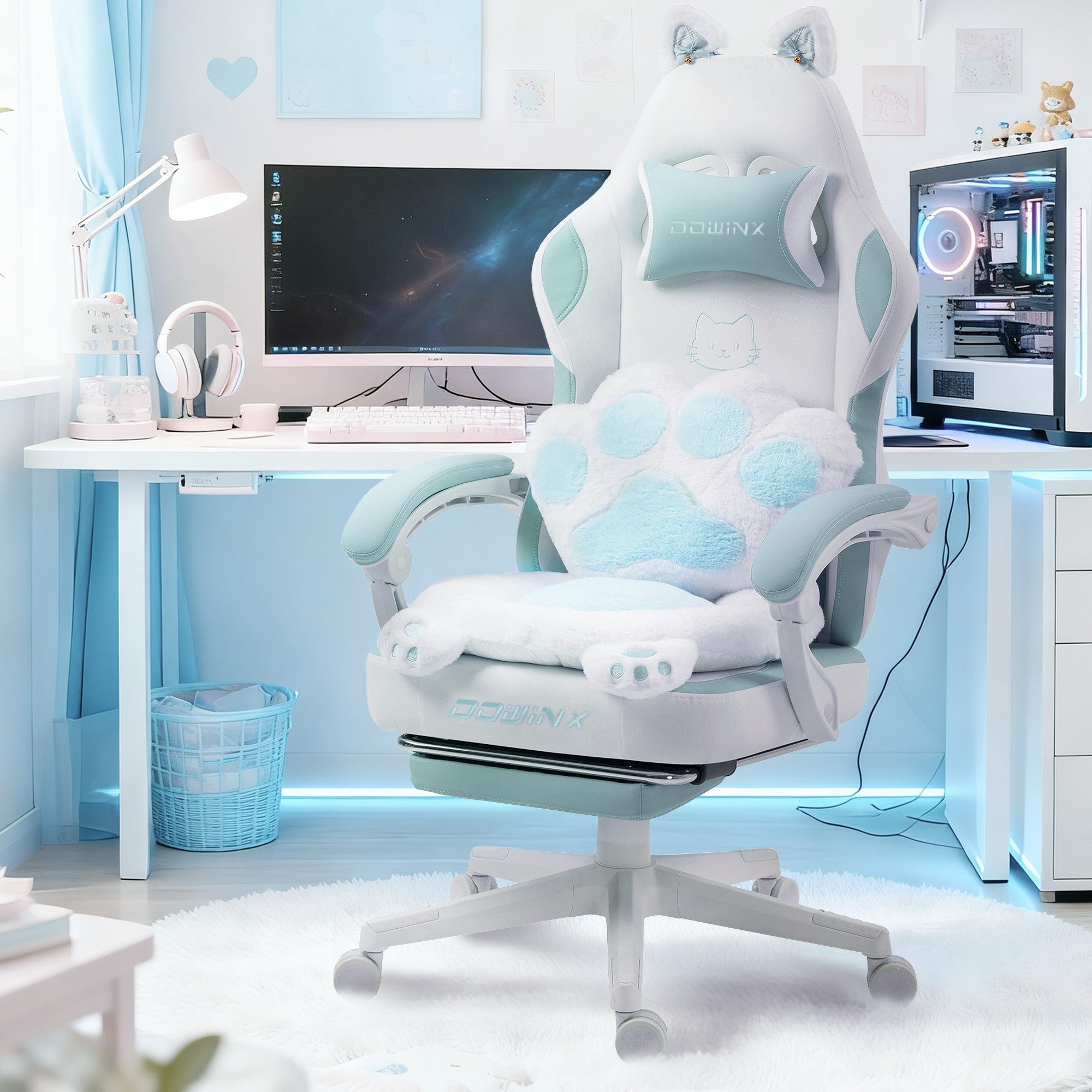 Dowinx Gaming-Stuhl Niedlich mit Katzenohren, Pfoten-Lendenkissen und Sitzkissen, (Packung), Ergonomischer Computerstuhl mit Fußstütze, PC-Spiele-Stuhl für Mädchen