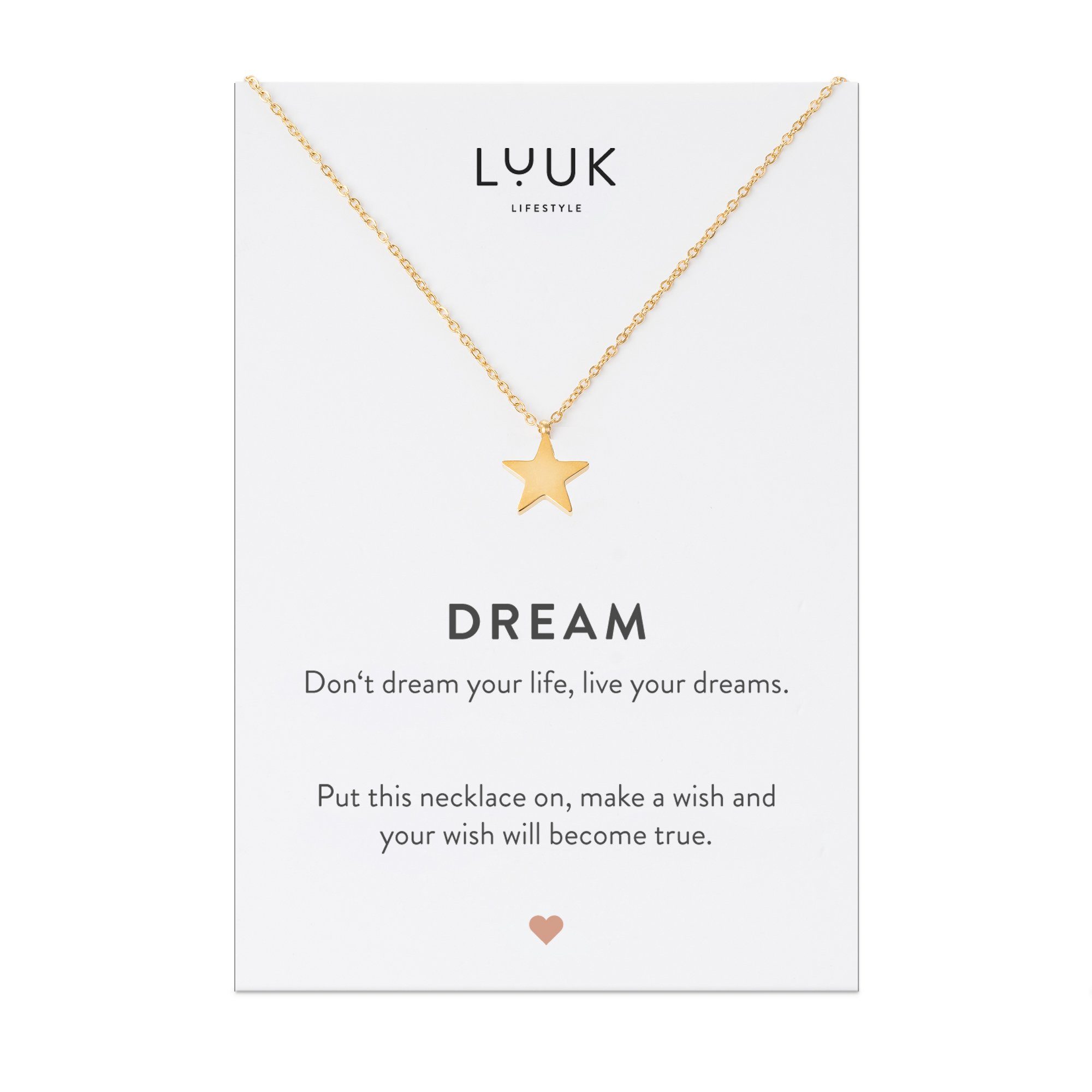 LUUK LIFESTYLE Kette mit Anhänger Stern, mit Dream Spruchkarte als Geschenk zu Weihnachten oder Geburtstag