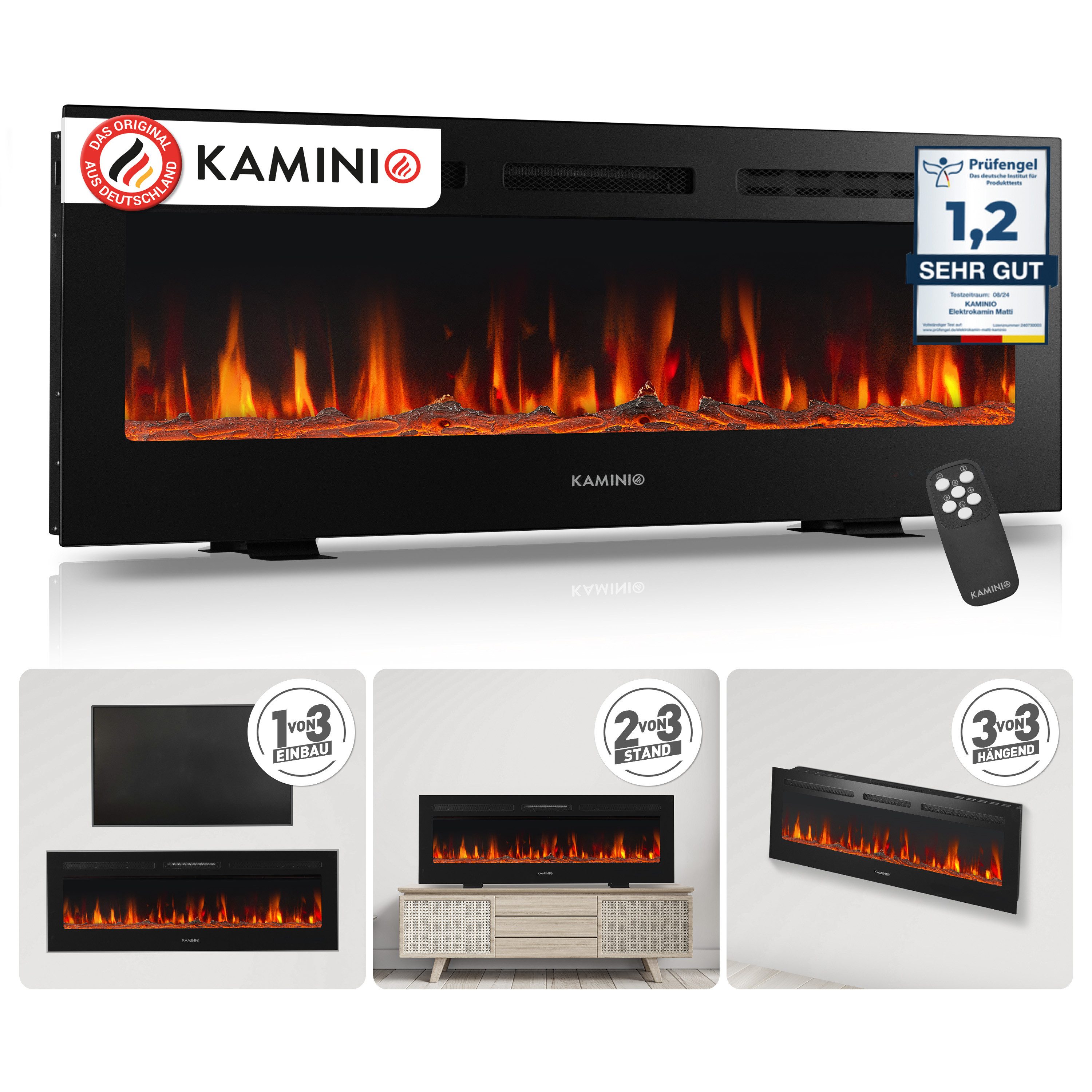 KAMINIO Elektrokamin MARLON, 3in1 Kamin: Elektrischer Stand-, Wand- und Einbaukamin, Heizung 1800W