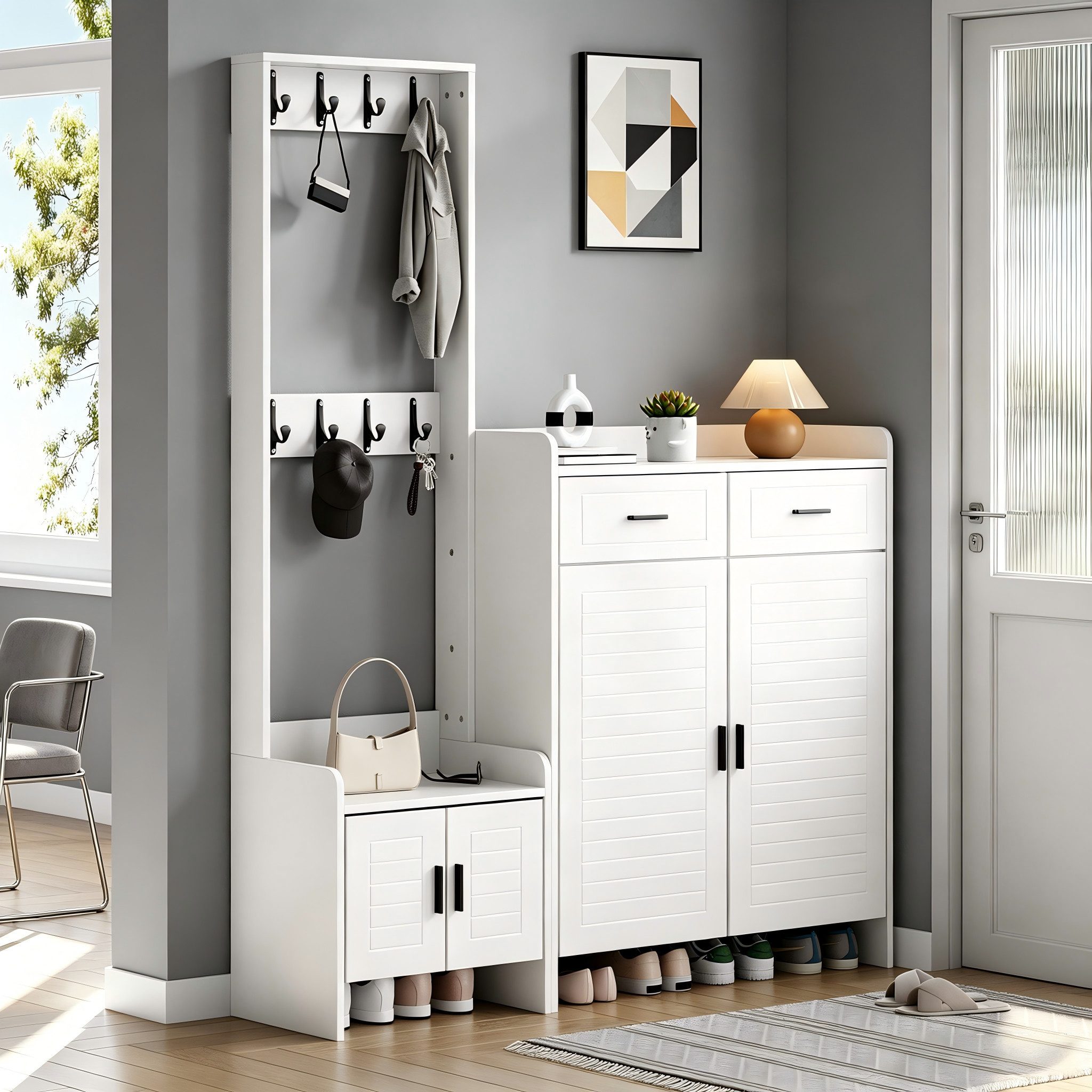 Merax Garderoben-Set Garderobenschrank mit Schuhschrank, (Schuhregal mit 10 Staufächern, 1-St., für Eingangsbereich), Flurgarderobe mit 8 Haken, 2 Schubladen &  – Bild 3 von 5