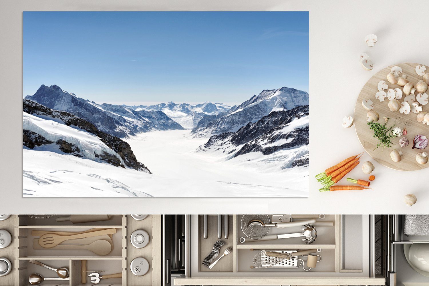 MuchoWow Herdblende-/Abdeckplatte Blick vom Jungfraujoch cm, (1 Schutz Induktionskochfeld küche, Aletschgletscher Vinyl, den die für Ceranfeldabdeckung auf 81x52 in tlg), Europa
