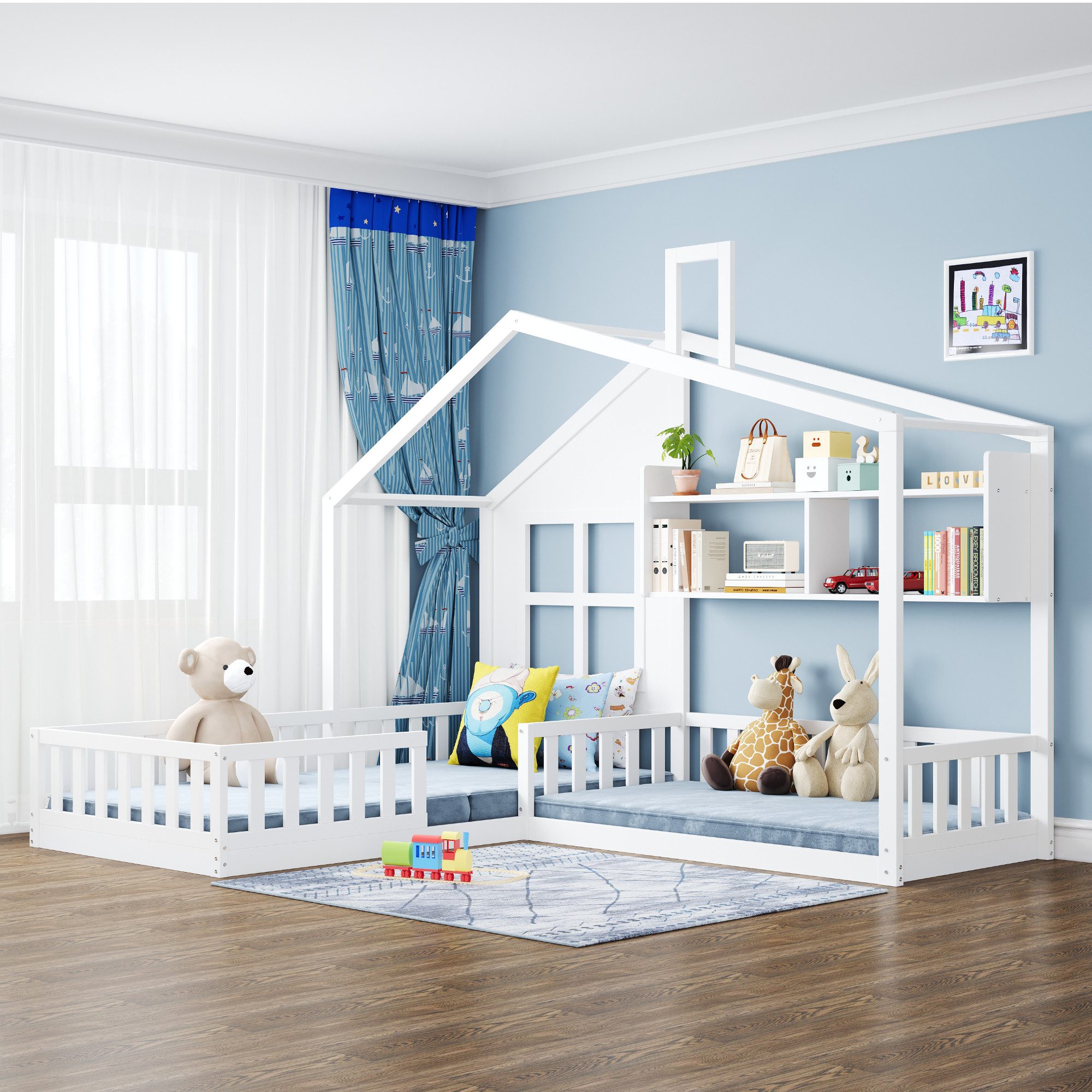 Flieks Kinderbett, Hausbett Doppelbett mit Fenster und Schornstein 90x200cm günstig online kaufen