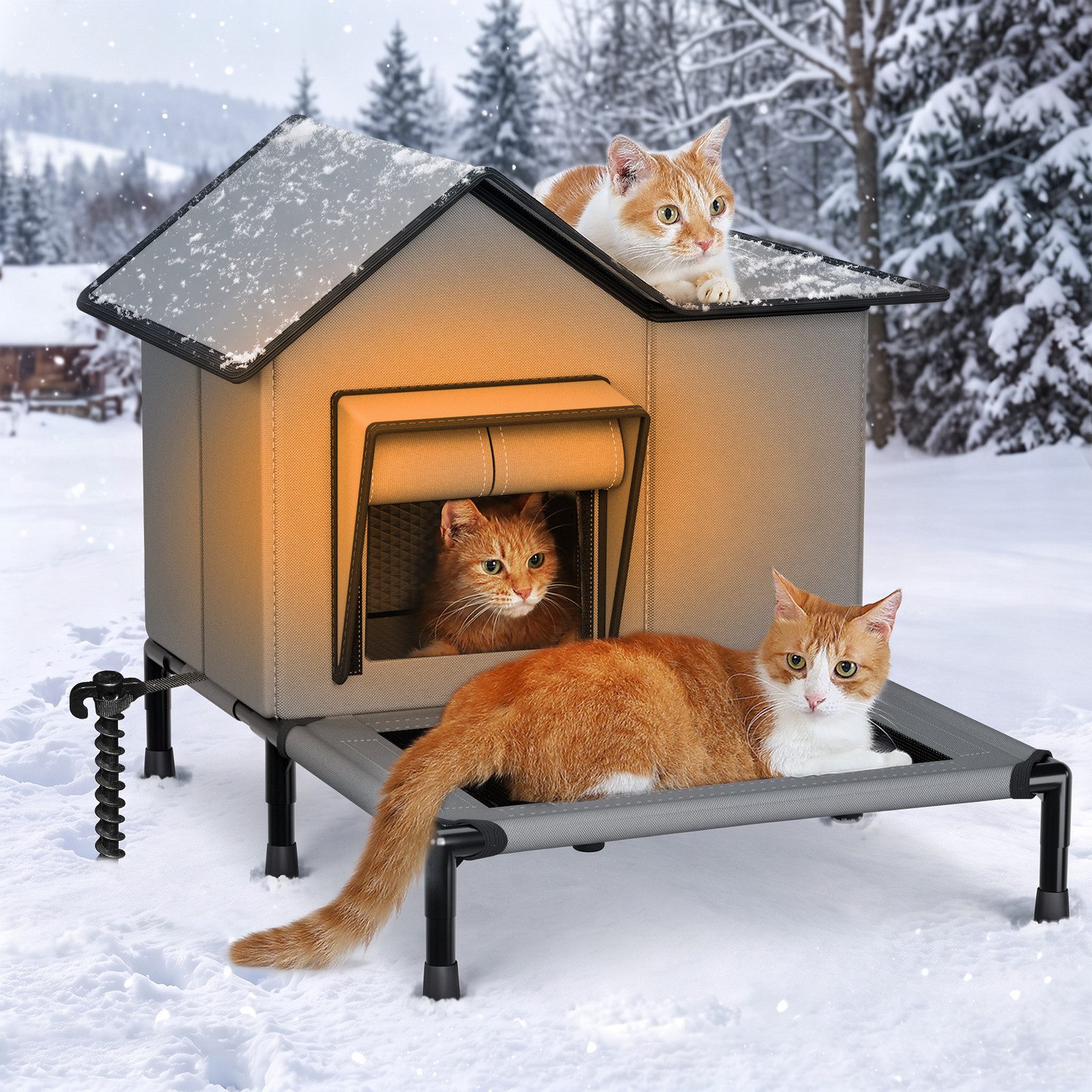 Rywell Tierbett Tierbetten & Katzen Bettchen Weiche für Katzen und kleine Hunde, Material Außen: 900D Oxford-Gewebe mit PVC-Beschichtung – wasserdicht, reißfest, wetterbeständig, Material Dach: PVC-beschichtetes Gewebe – 100% wasserdicht, 50x33x43cm Katzenhaus mit Terrasse, Katzenbett für Innen & Außen