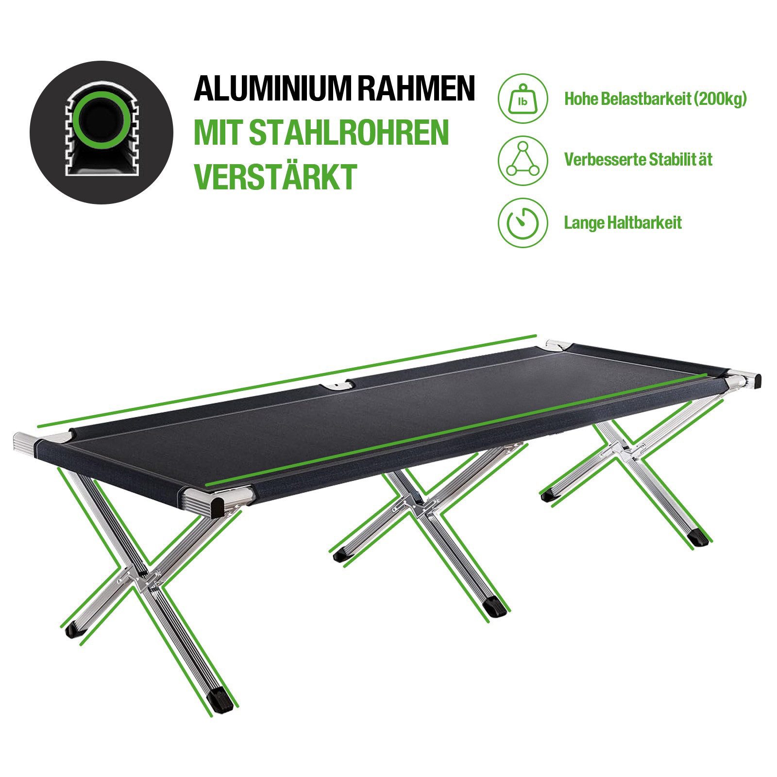 Kronenburg Faltbett XXL - Campingbett klappbar 210 x 82 x 45cm Belastbarkeit bis 200 kg - Stahlrohr verstärkt - in Schwarz