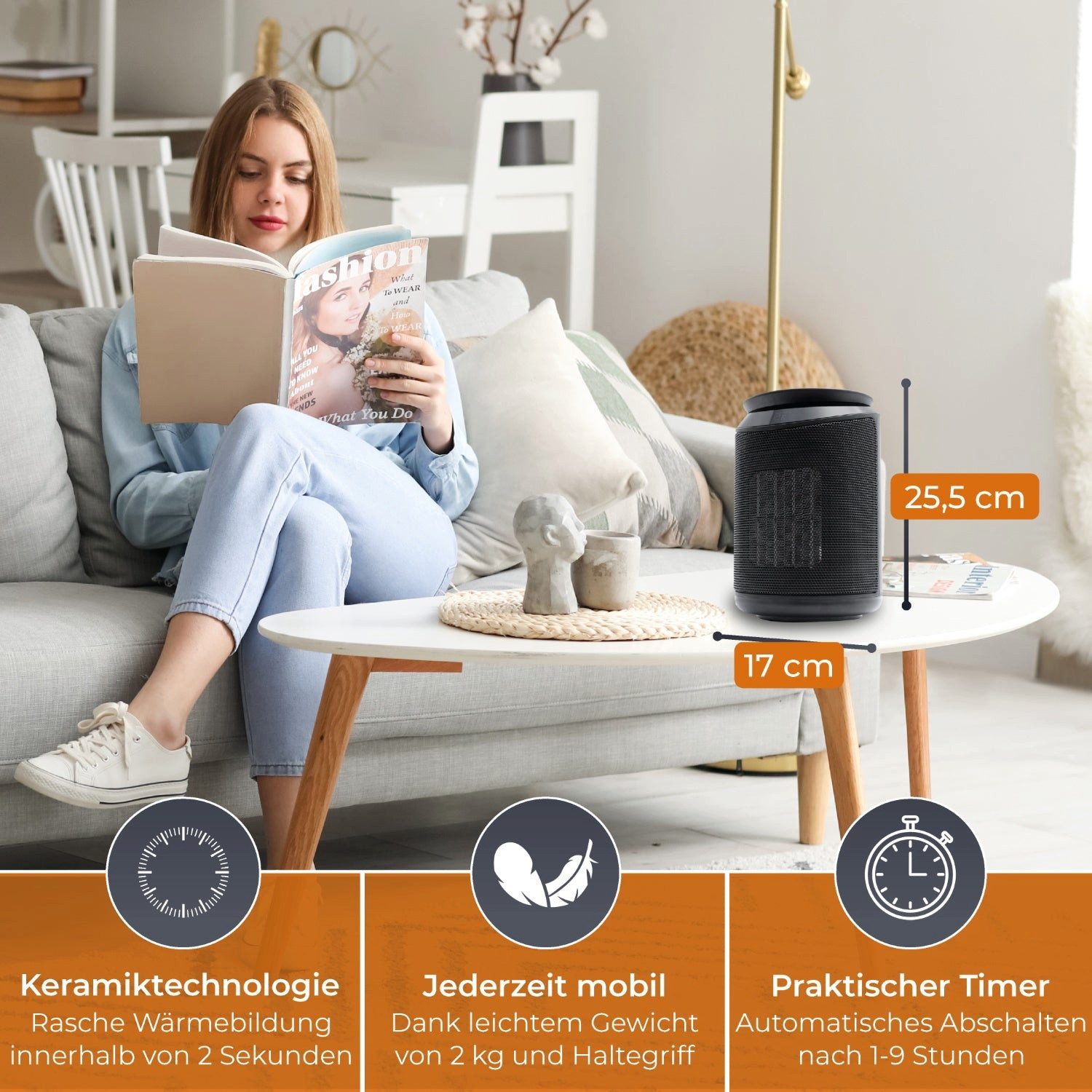 KLAMER Heizlüfter 2000 W, PTC Keramik Heizlüfter energiesparend, 3 Heizstufen inkl. Eco…, 9 Std Timer, Kippschutz, Thermosicherung, Überhitzungsschutz