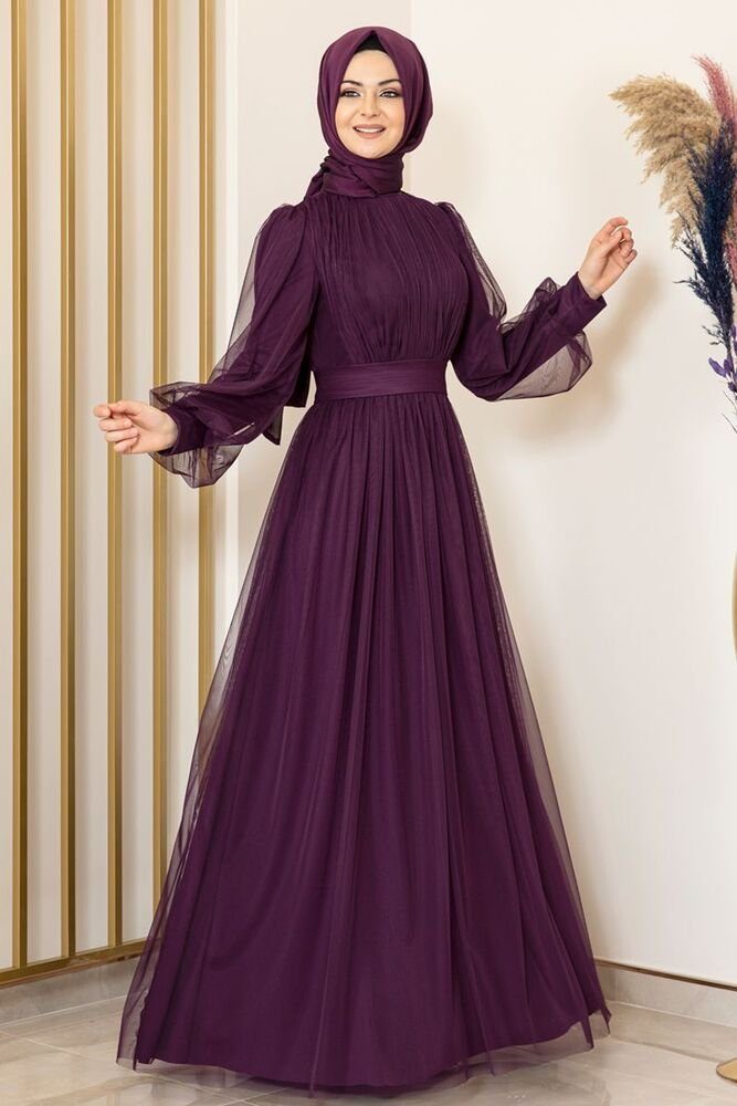 Abiye Maxikleid Violette Abendkleid Abaya Tüllkleid Langärmliges Kleid Damenkleid Hijab Modavitrini