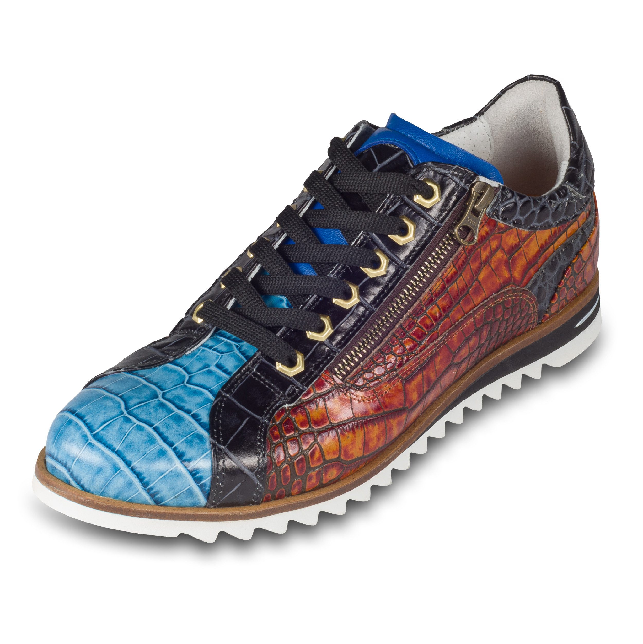 Lorenzi Lorenzi Herren Leder-Sneaker blau/braun/schwarz, Kroko-Prägung Sneaker Handgefertigt in Italien