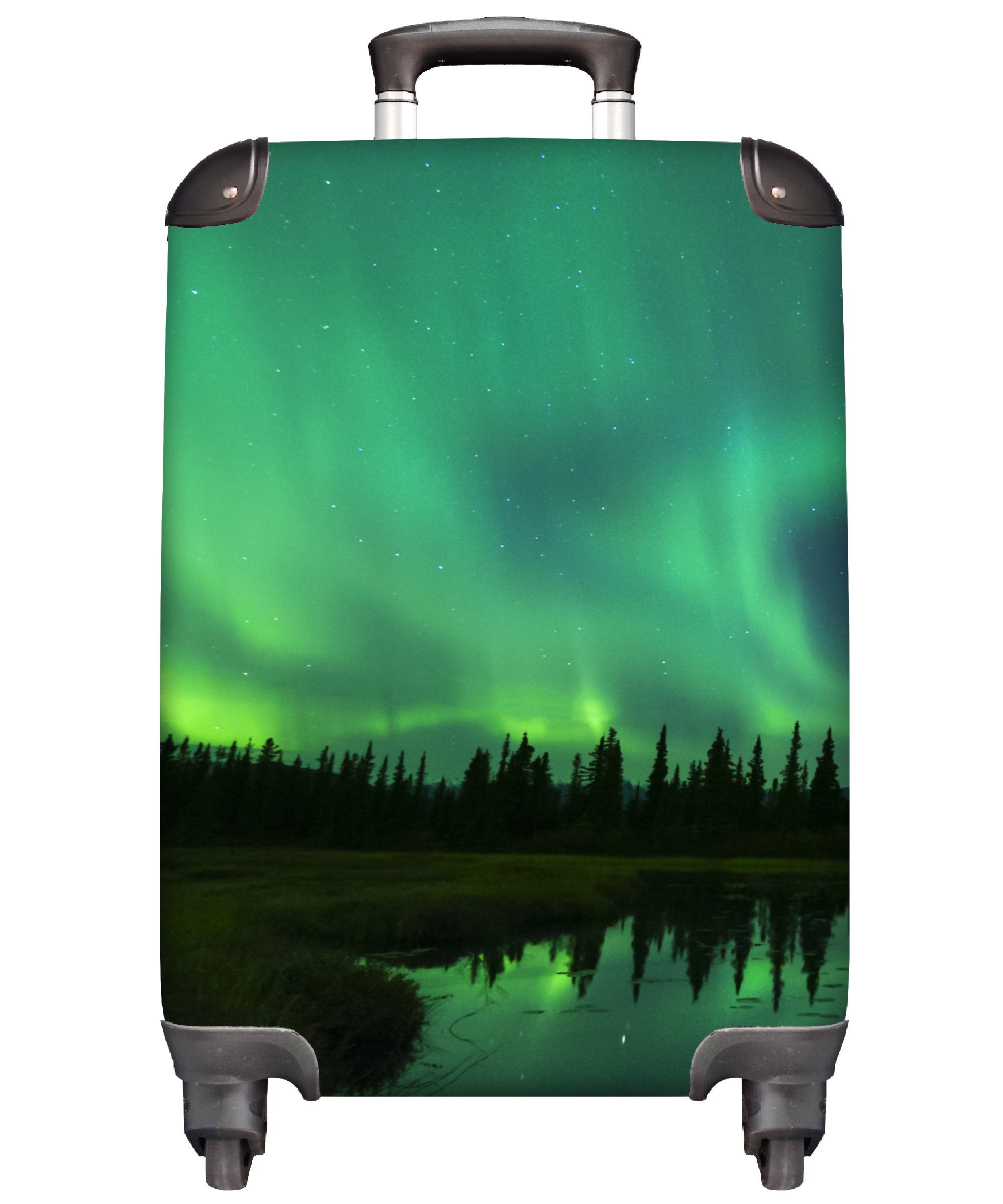 MuchoWow Handgepäckkoffer Nordlicht - Bäume - Wasser - Alaska, 4 Rollen, Reisetasche mit rollen, Handgepäck für Ferien, Trolley, Reisekoffer