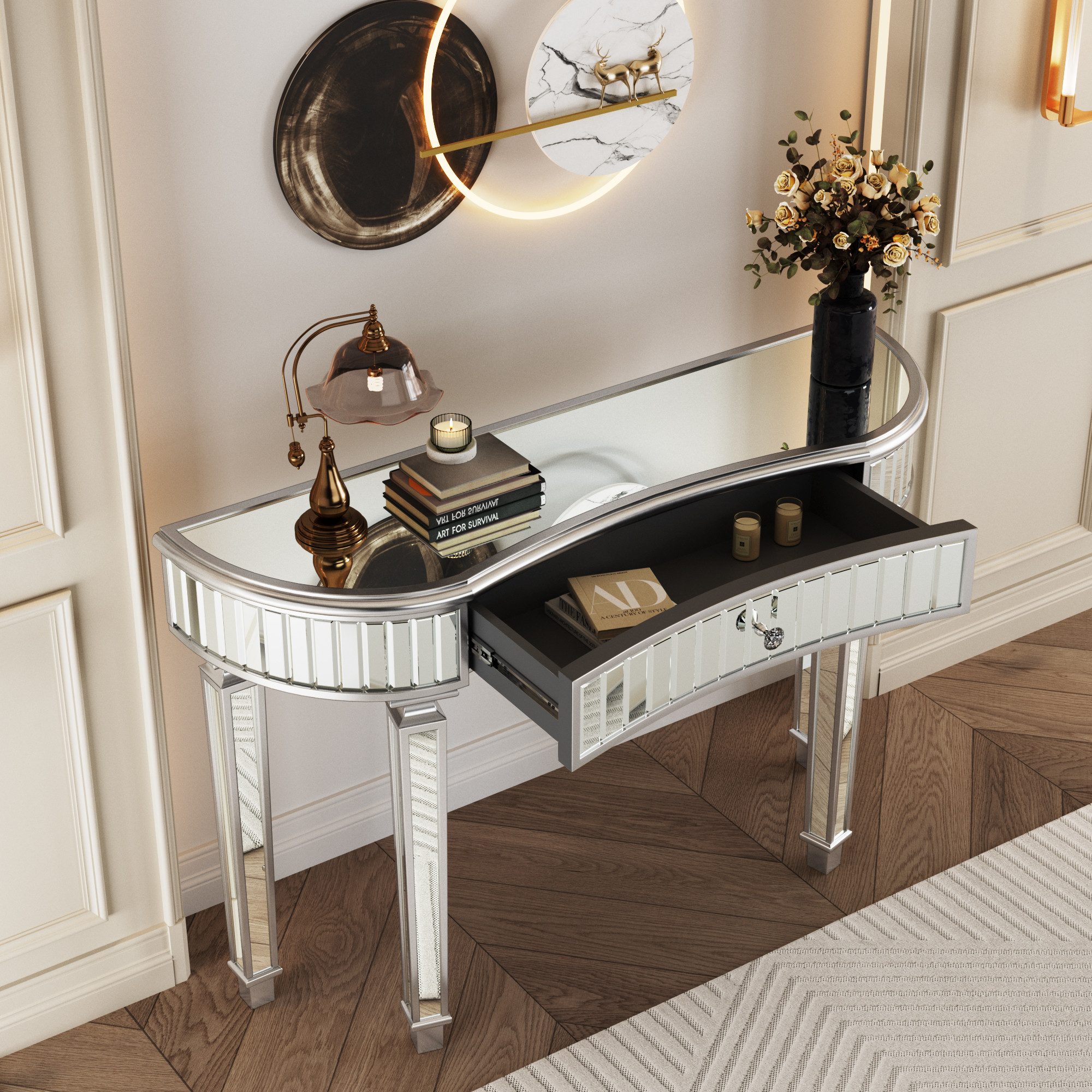 STILVORA Konsolentisch mit spiegel Frisiertisch mit Schublade Kosmetiktisch Gold + Silber (mit Kristallgriff-Schublade, luxuriöser Sofatisch aus Fluted Glass), Modernes Schminktisch-Design