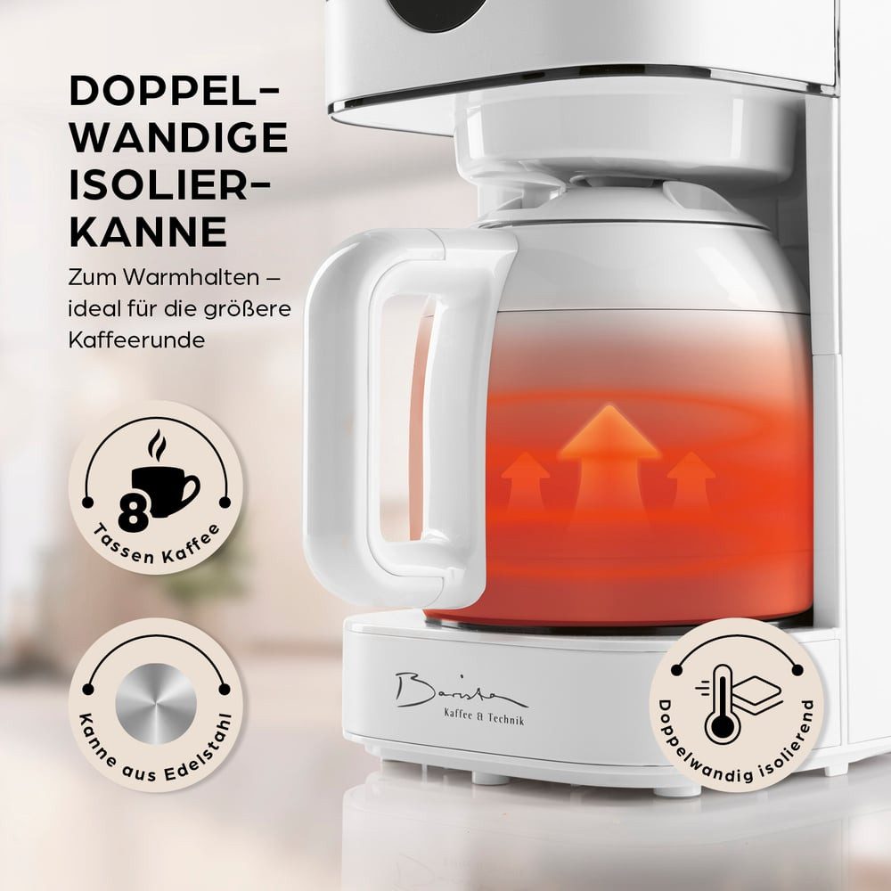 Barista Filterkaffeemaschine mit Thermokanne LED-Display 900W Edelstahl, 24h Timer & Permanentfilter, Für 8 Tassen Kaffee
