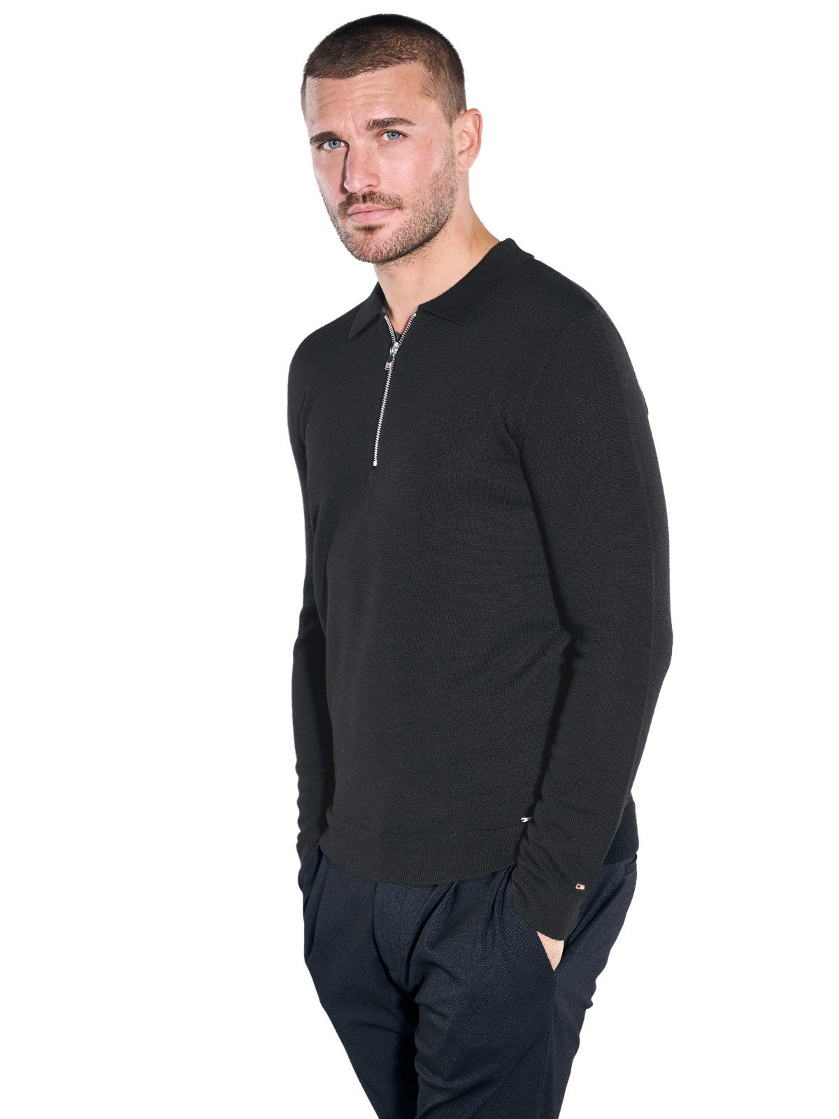 emilio adani Strickpullover Herren Merinopullover mit Polokragen, Schwarz