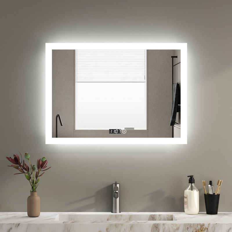 WDWRITTI Wandspiegel LED Badspiegel 80x60 Uhr Touch 3Lichtfarben Dimmbar Speicherfunktion (Wandspiegel mit Beleuchtung, 3000K/4000K/6500K), Energiesparende, IP44