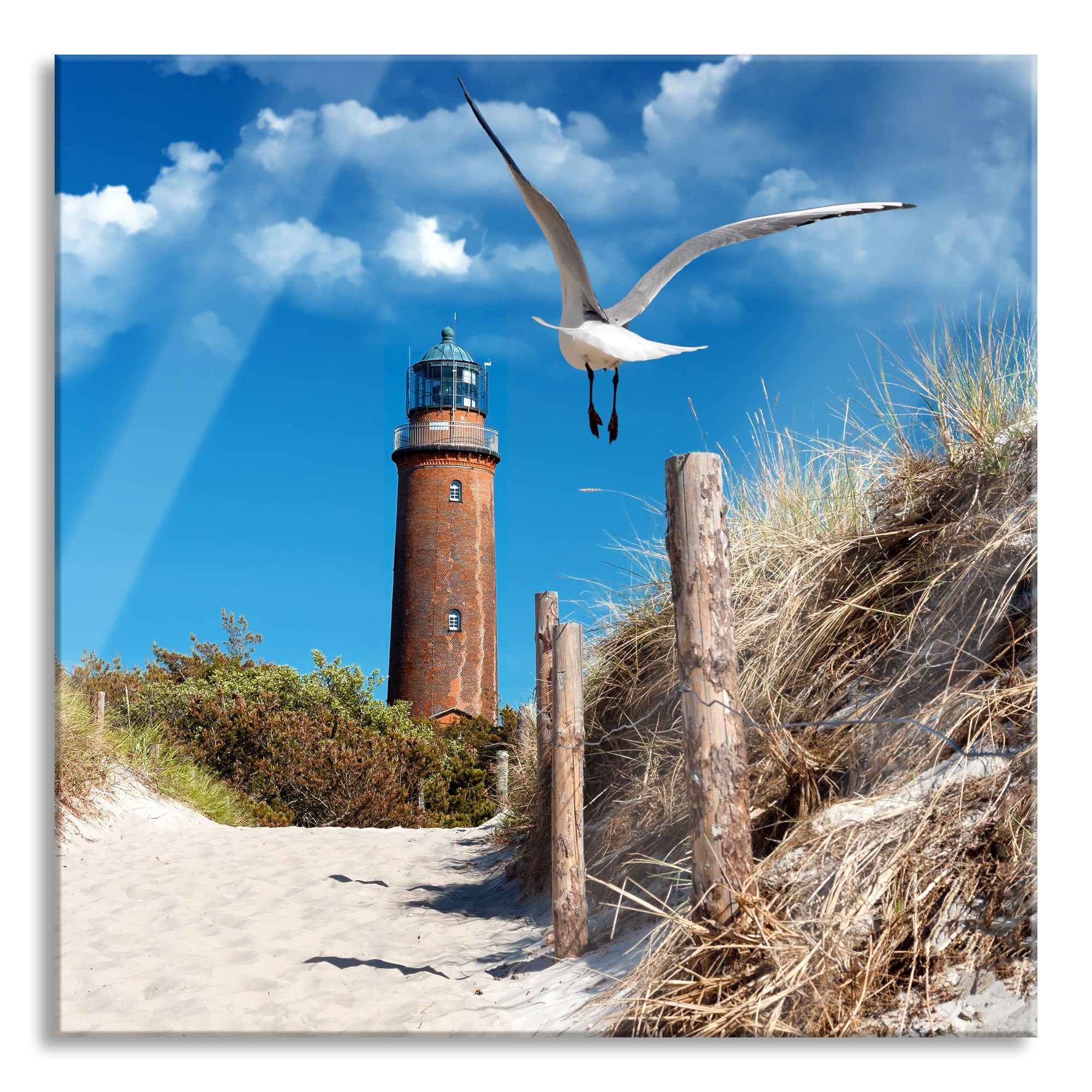inkl. Schöner Pixxprint Leuchtturm Aufhängungen aus und Strand (1 St), Leuchtturm Echtglas, Glasbild am Strand, Abstandshalter Schöner am Glasbild
