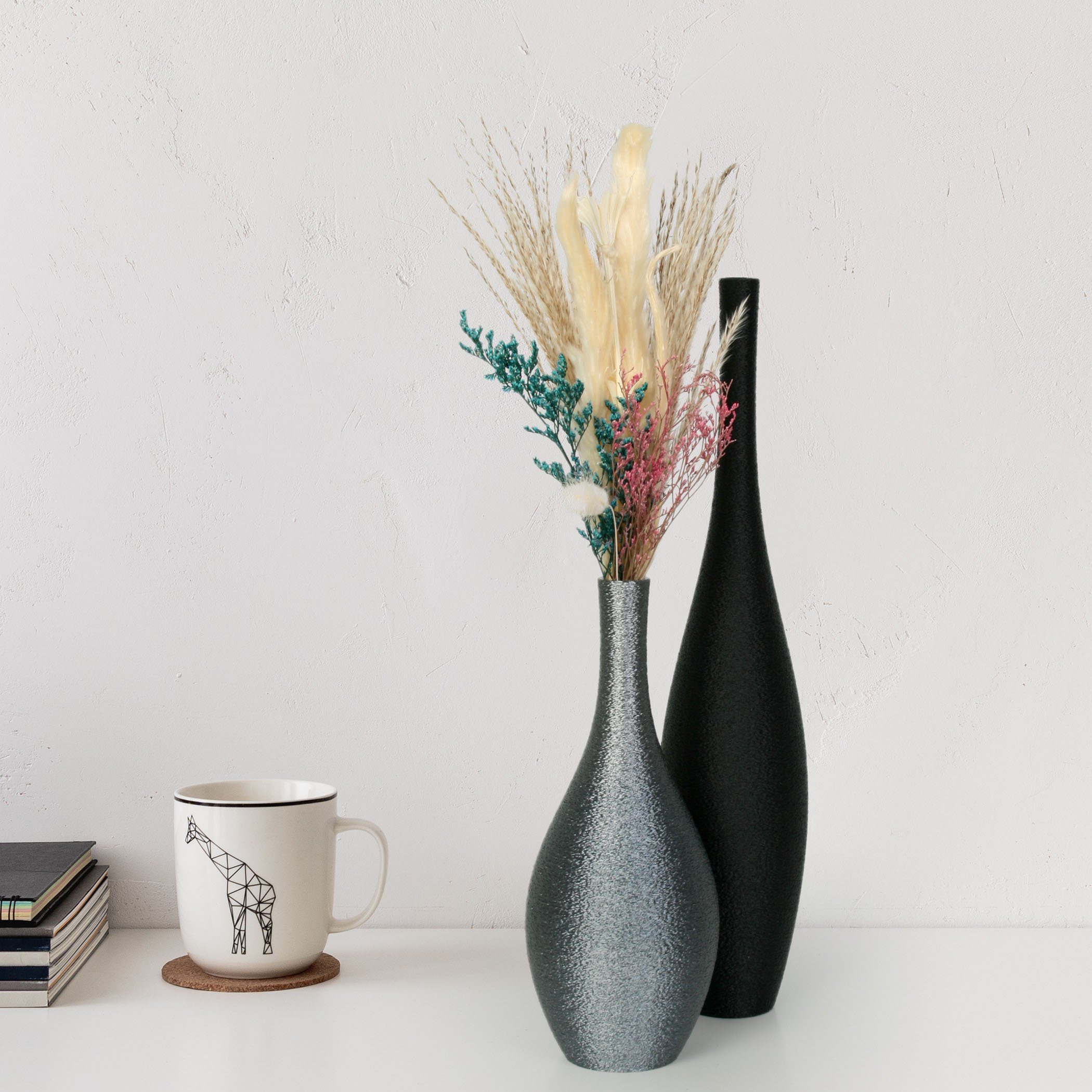 Kreative Feder Dekovase Designer – aus Bio-Kunststoff Vasen), bruchsicher Rohstoffen; Set nachwachsenden wasserdicht & Altsilber Schwarz 2 Vasen-Set bestehend Blumenvasen Dekorative aus (Set, & aus