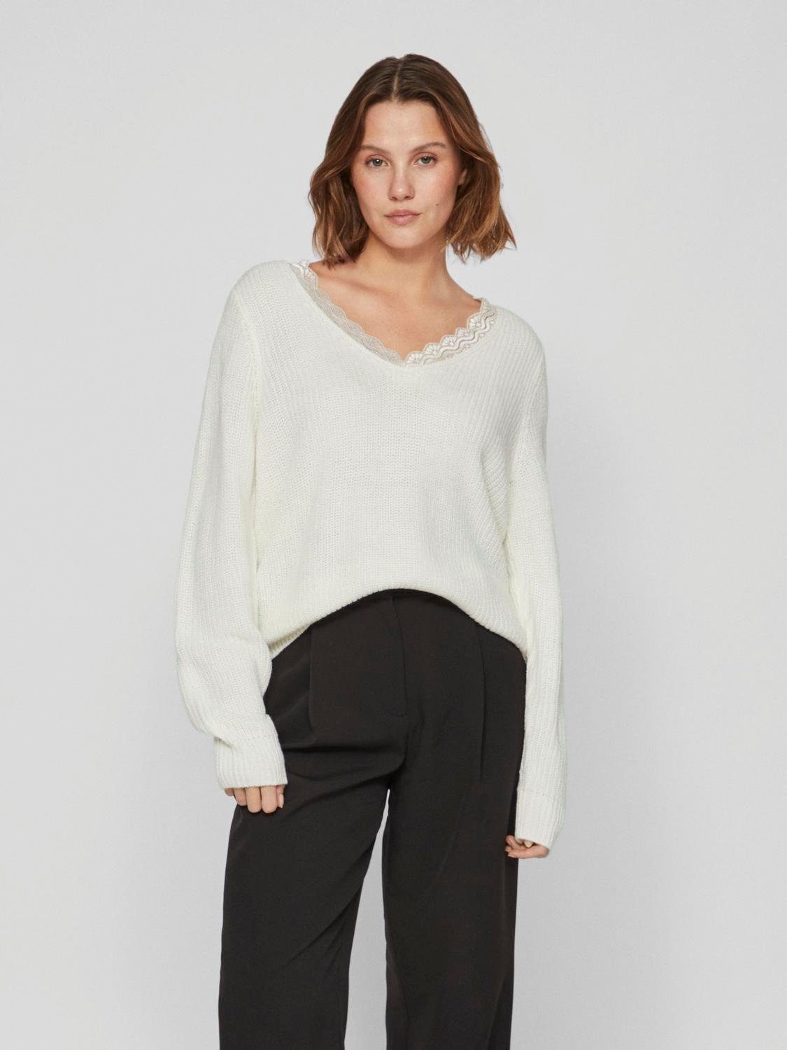 Vila V-Ausschnitt-Pullover VILOU REV V-NECK L/S LACE KNIT TOP -NOOS