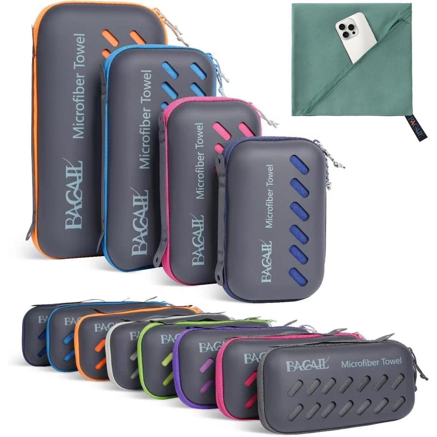 LuxusKollektion Sportmatte Handtuch Mikrofaser Sport Strand Reise Bad Eva Box Graugrün XS 80x40cm
