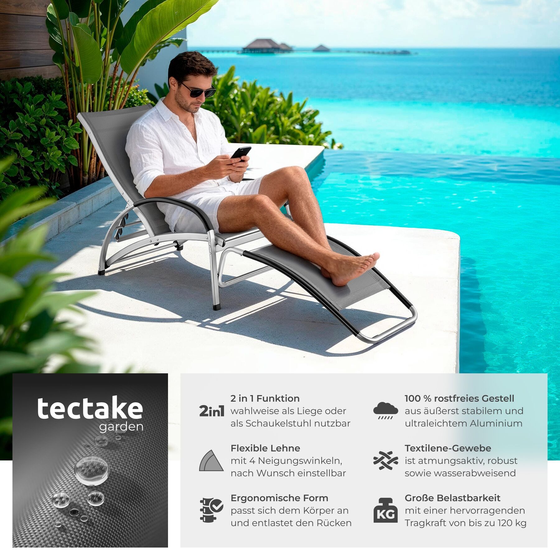 tectake Gartenliege Sonnenliege, 2 in 1 Funktion, verstellbare Rückenlehne, wetterfest, Multifunktionsliege Avignon, 2 St., in anthrazit, wasserabweisend, luftdurchlässig, rutschfest, Belastbarkeit 120 kg