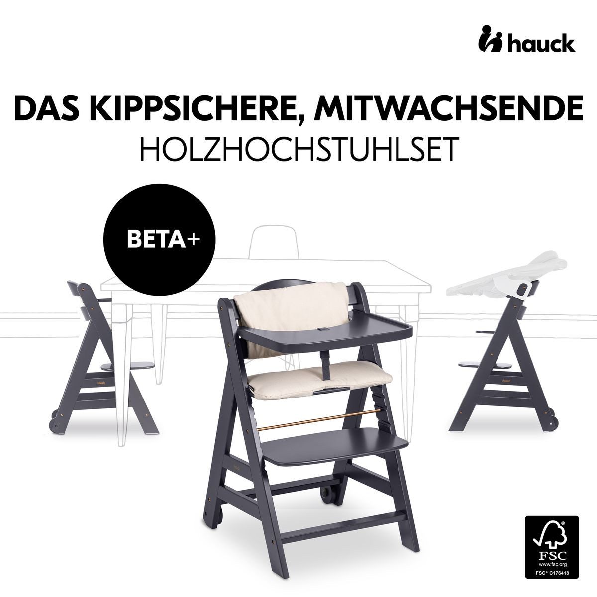 Hauck Hochstuhl Hauck Beta Plus Dark Grey Newborn Set, Holz Babystuhl ab Geburt mit Neugeborenenaufsatz, Sitzkissen, Essbrett