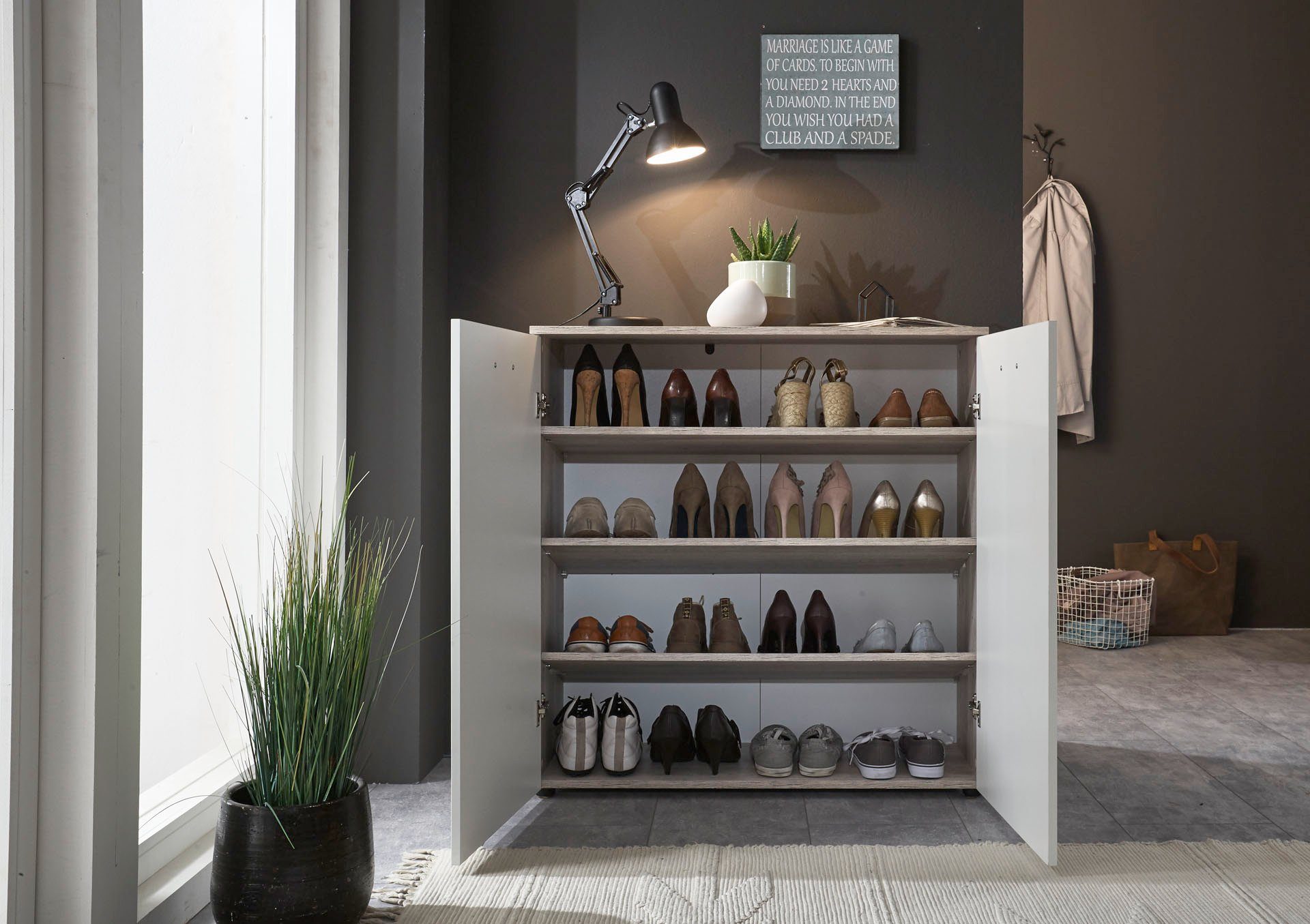 BMG Möbel Schuhschrank Monaco (Kommode, Schuhkommode, 88 cm breit mit Softclose Hochglanz Türen) Fronten Weiß Hochglanz, 16 Paar Schuhe bis Gr. 46