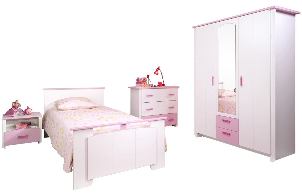 Kindermöbel 24 Komplettschlafzimmer Kinderzimmer Biotiful 12 Parisot 4-teilig weiß - rosa, (4-tlg)