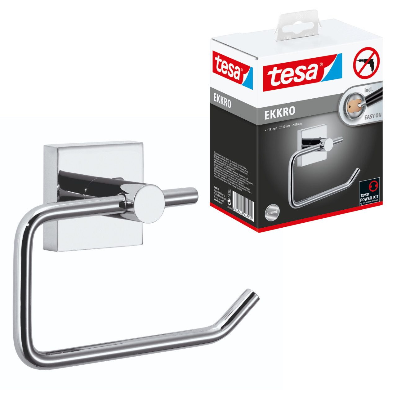 tesa Toilettenpapierhalter EKKRO Toilettenrollenhalter ohne Bohren - 11 cm : 13,3 cm : 4,7 cm (Packung, 1-St., inkl. Klebelösung), selbstklebender WC-Rollenhalter - chrom - silber glänzend