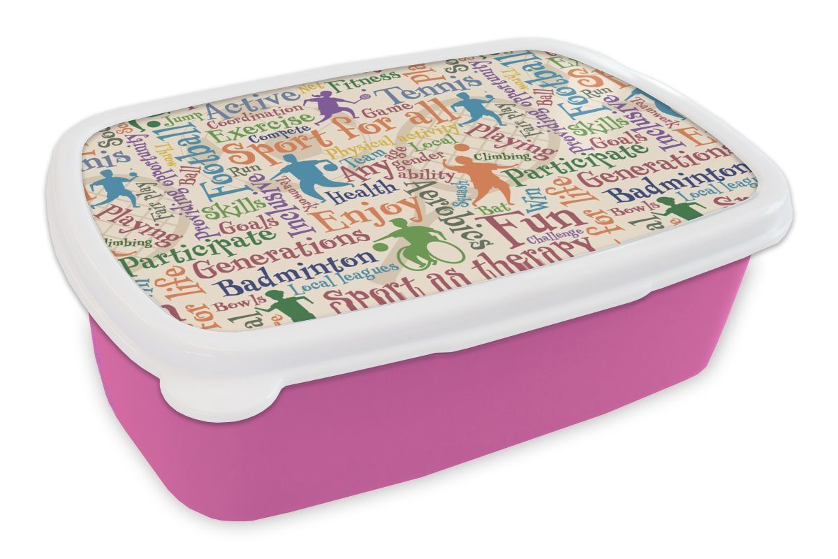 MuchoWow Lunchbox Muster - Sport - Alphabet - Zitate, Kunststoff, (2-tlg), Brotbox für Erwachsene, Brotdose Kinder, Snackbox, Mädchen, Kunststoff rosa