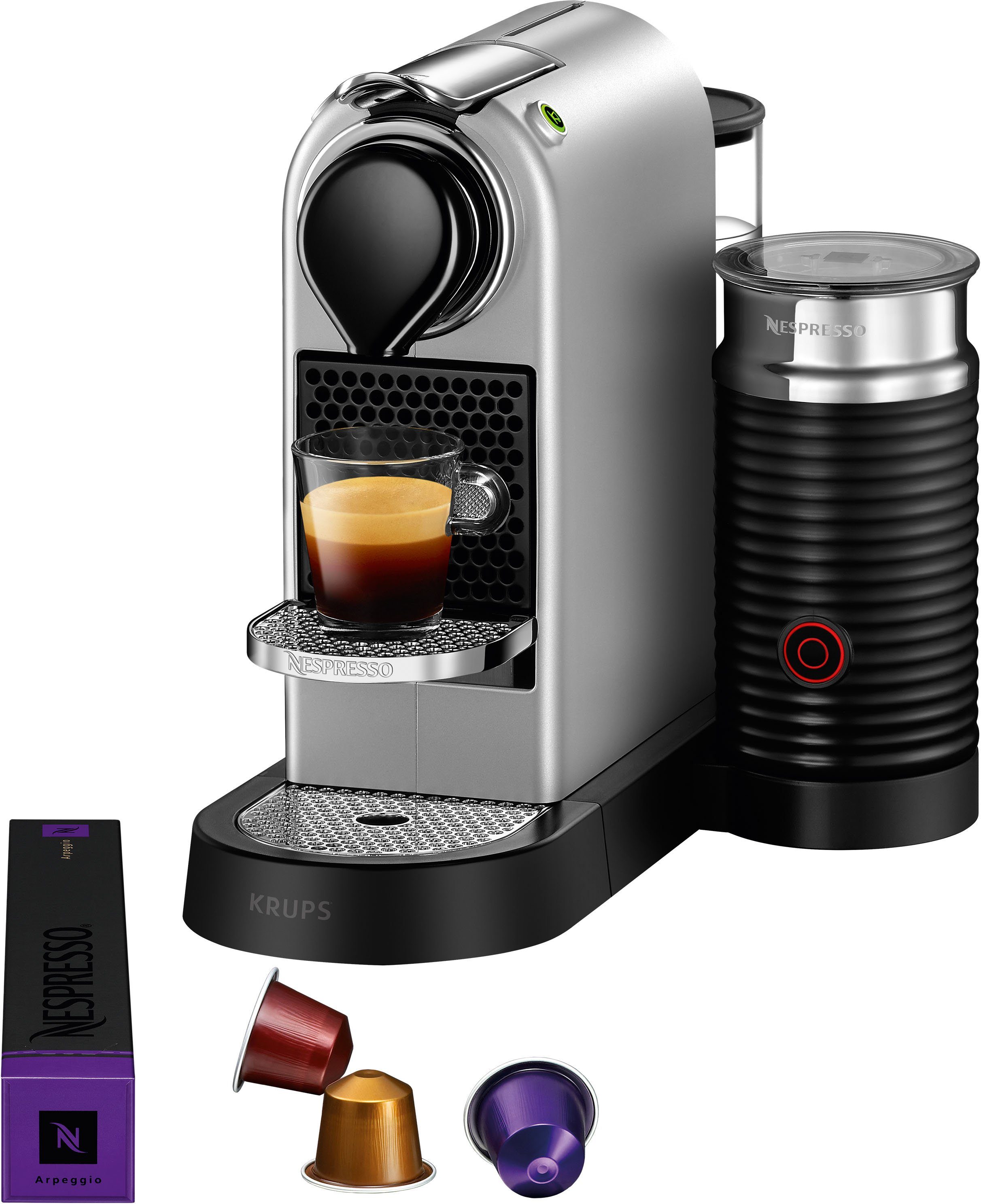 NESPRESSO Kapselmaschine XN761B CitiZ & Milk von Krups, inkl. Aeroccino Milchaufschäumer, Willkommenspaket mit 14 Kapseln