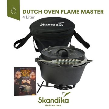 Skandika Grilltopf Dutch Oven Flame Master, Gusseisen (robust, voreingebrannt, Multifunktionsdeckel, Camping, Outdoor, Festival, Angeln, BBQ, Grillen), 5,1 Liter, mit Füßen, Gusseisen Topf zum Kochen