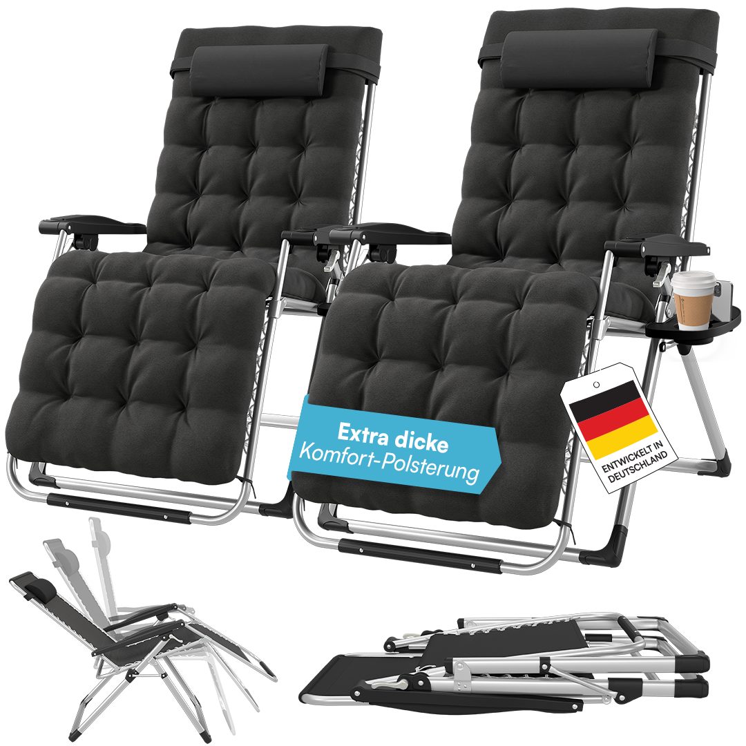 STEELSØN Gartenliege Lysira klappbarer Zero-Gravity-Stuhl, schwarz/silber, outdoor Liegestuhl, 2er-Set, mit atmungsaktiven Polsterauflagen, Sonnenliege mit Getränkehalter