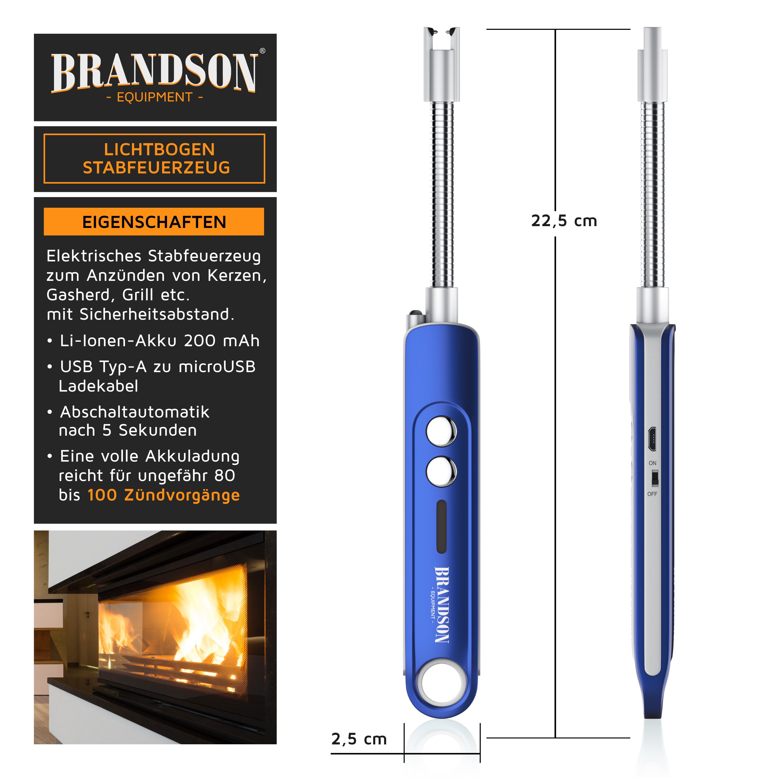 Brandson Feuerzeug elektrisch, Lichtbogen Stabfeuerzeug USB aufladbar (1-St), Kerzenanzünder für Küche, Kerzen, Gasherde, Grill, Kamin