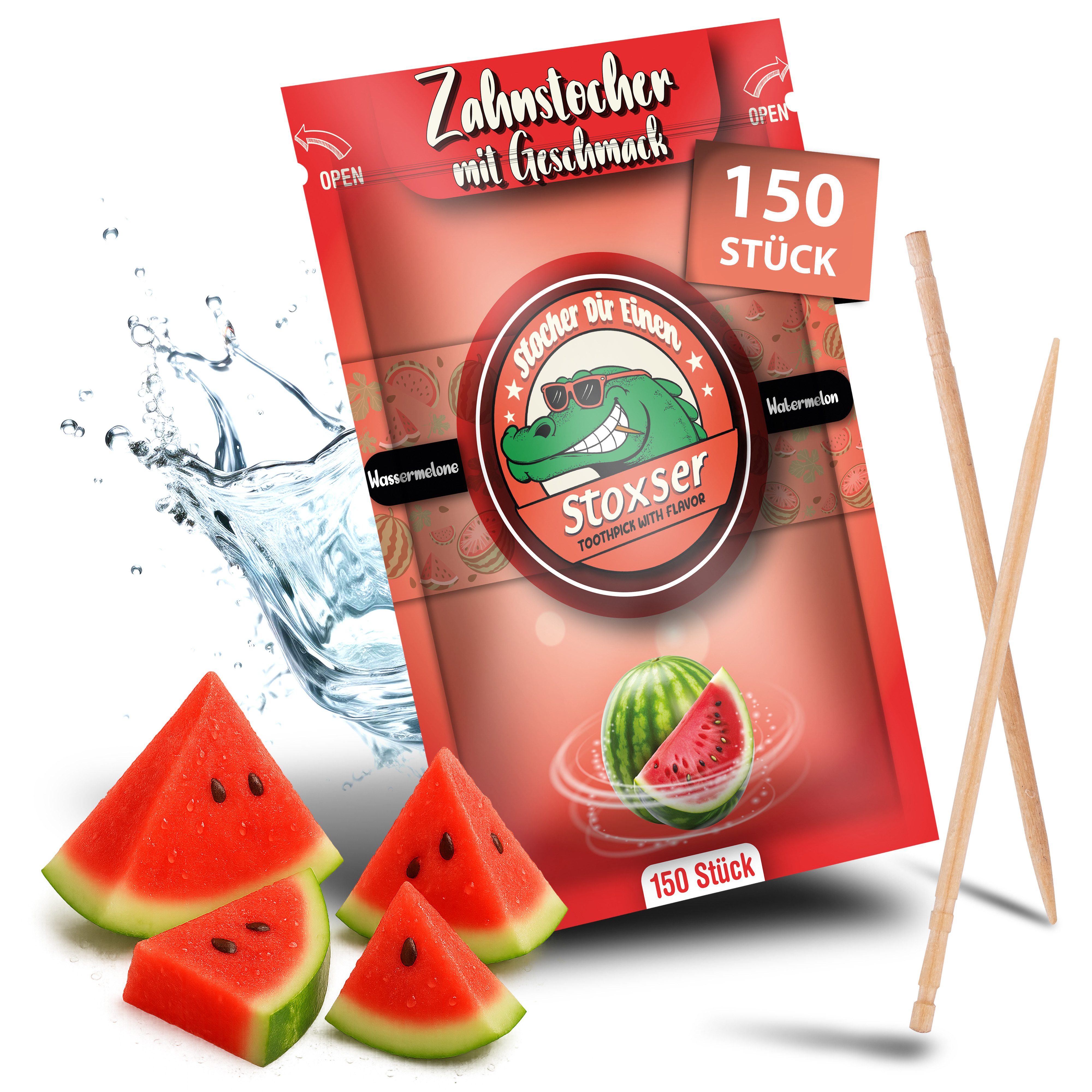 Stoxser Mundpflegecenter 150 x Zahnstocher mit Geschmack Wassermelone Geschmacksrevolution, Zahnsteinentferner, Zahnseide, Zuckerfrei, Vegan, Zahnstocher