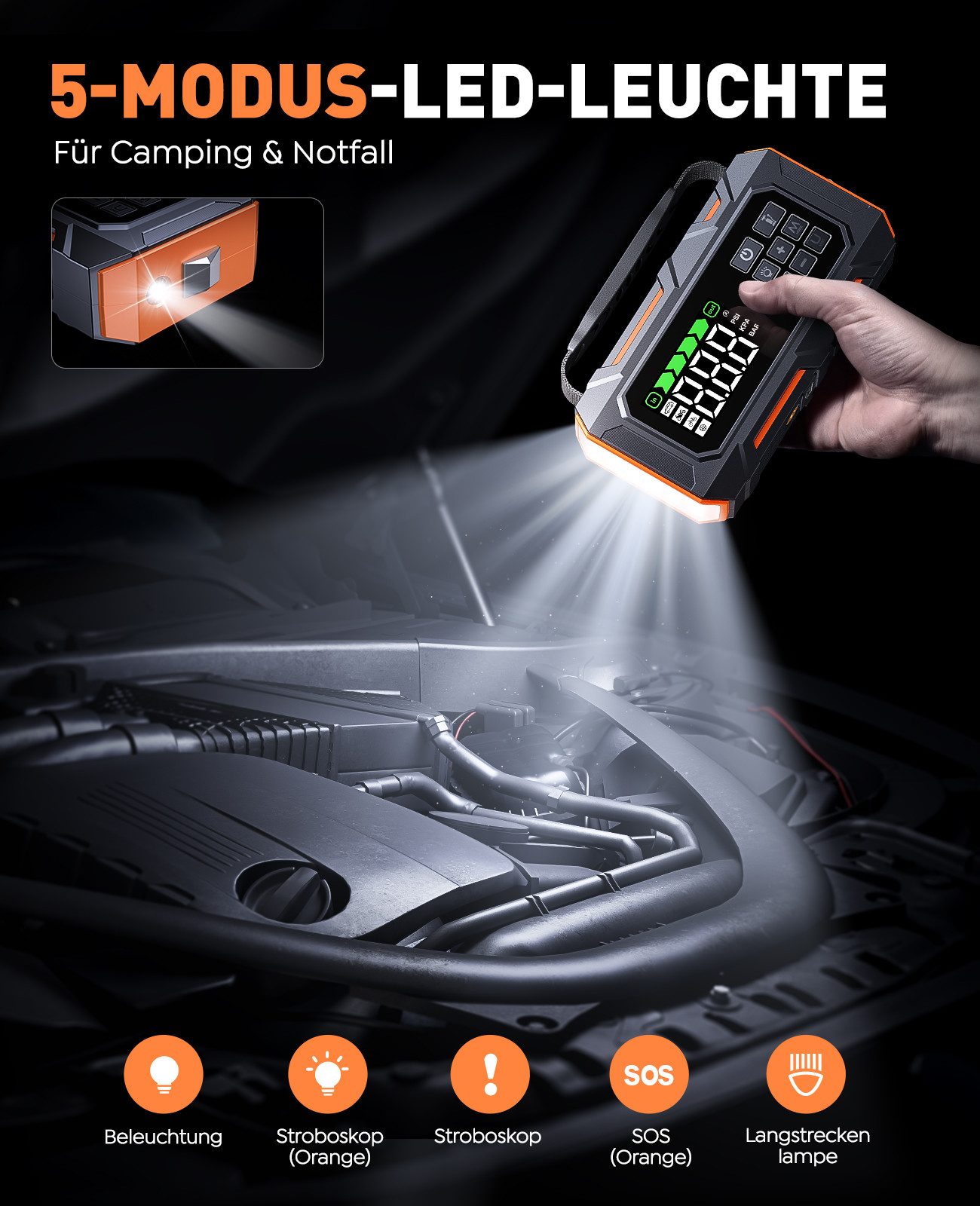 Buture 14-In-1 7000A Starthilfe Powerbank fürs Auto 26800mAh Starthilfegerät, 5 LED-Licht, Reifenreparaturset, Notfallhammer – Bild 4 von 5