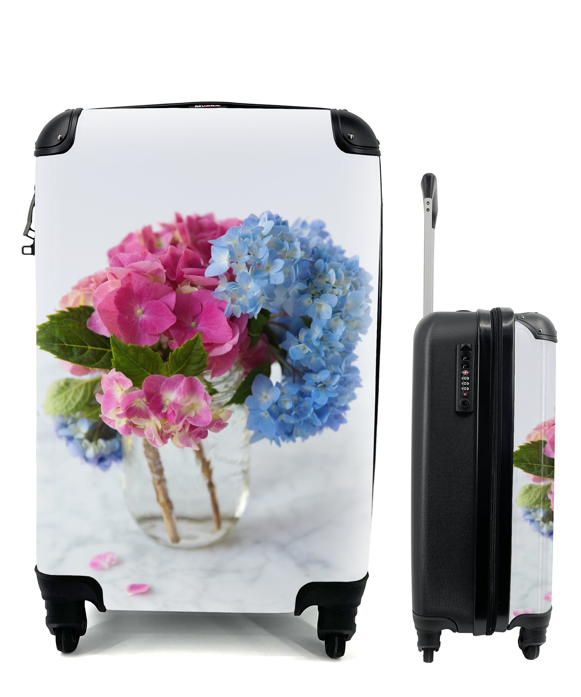 4 rollen, einer für in Reisetasche geschnittenen Vase, aus Reisekoffer mit Handgepäckkoffer Blumenstrauß frisch Handgepäck Rollen, Ferien, Hortensien Trolley, MuchoWow