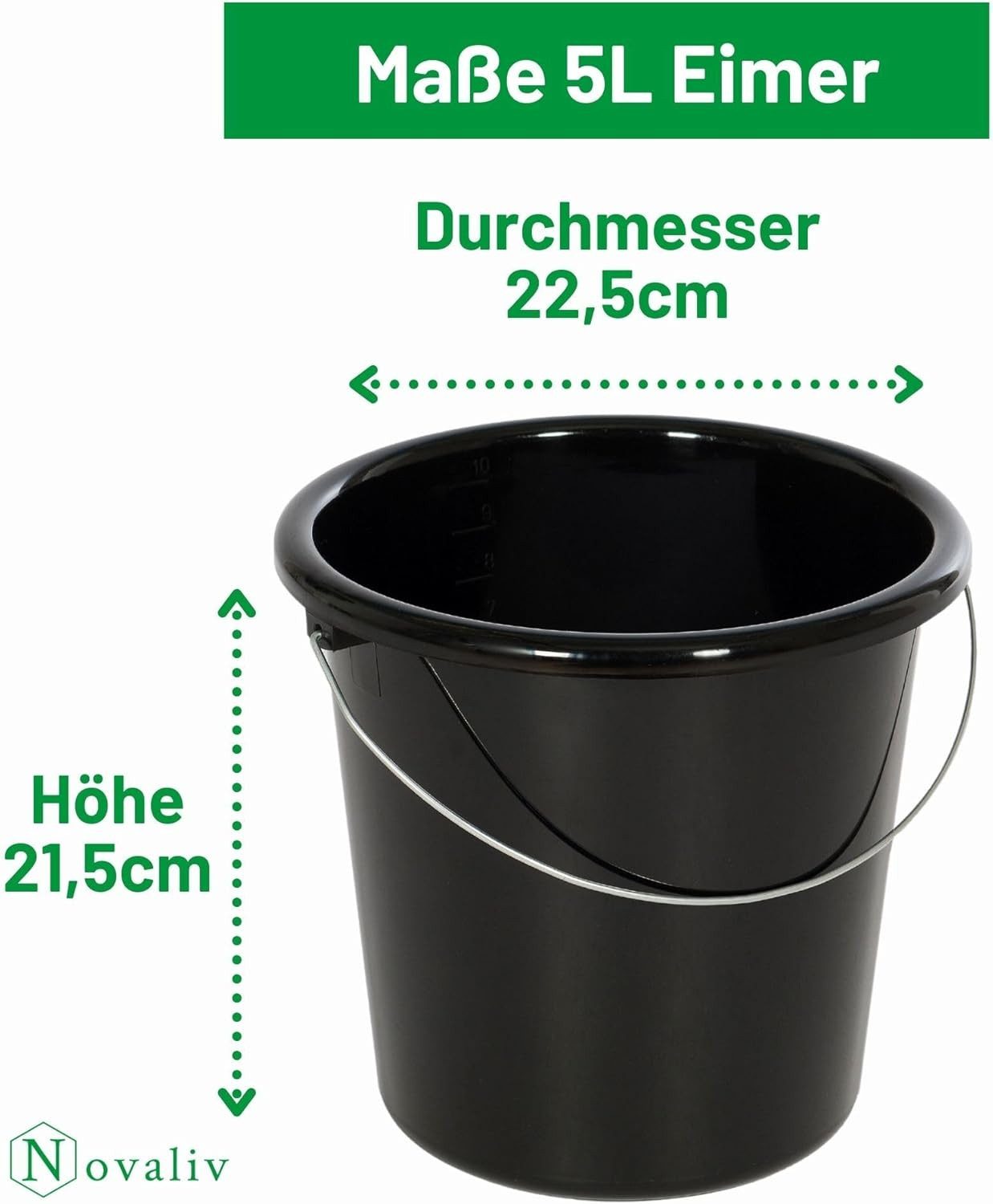 Novaliv Putzeimer 30939-2x, (2-tlg), Novaliv 2 Stück Eimer 5L Schwarz mit Maßeinteilung - Putzeimer 5 Liter