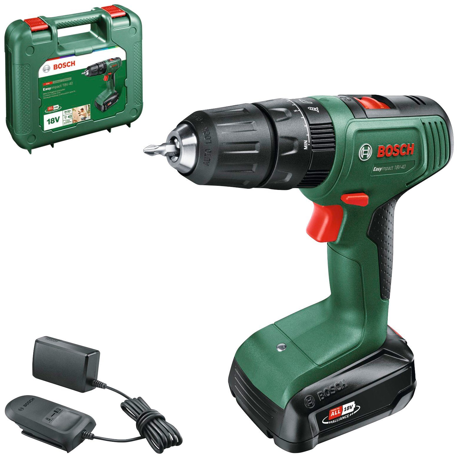 Bosch Home & Garden Akku-Schlagbohrschrauber Inkl. Akku Koffer, 18V-40, mit und 18V/2Ah EasyImpact Ladegerät