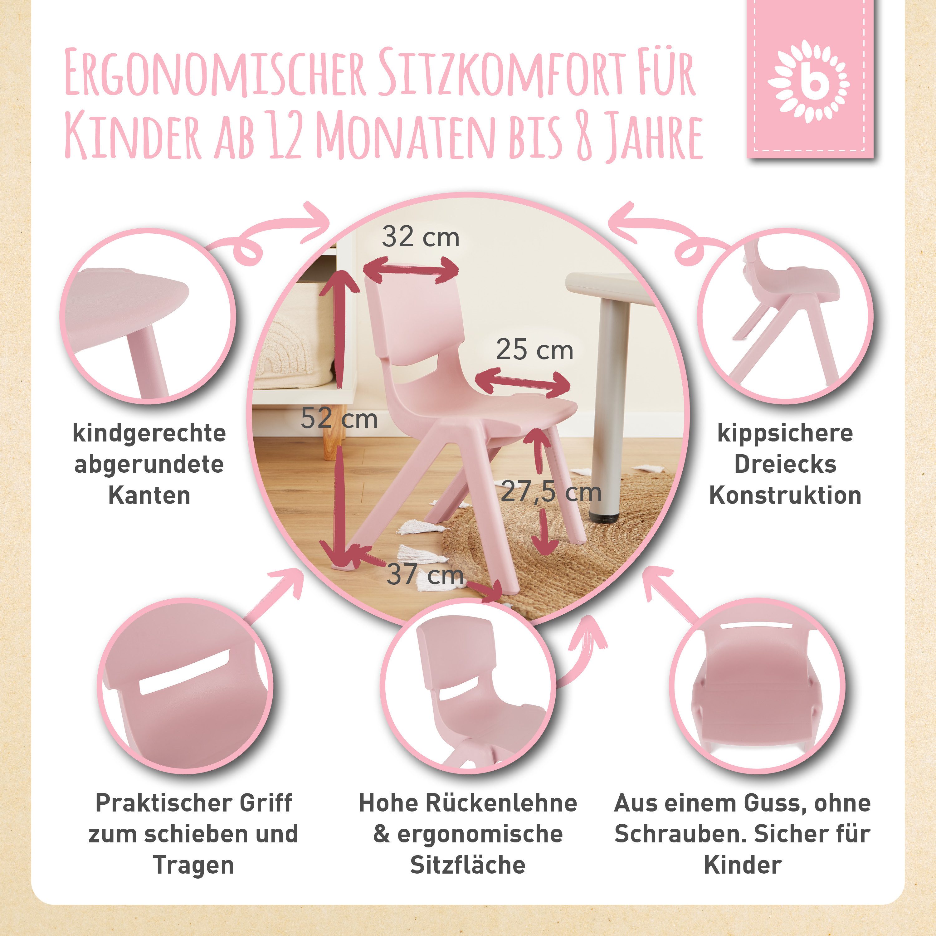 BIECO Stuhl Bieco Kinderstuhl bis 80kg stapelbar, kippsicher Stuhl Kinder