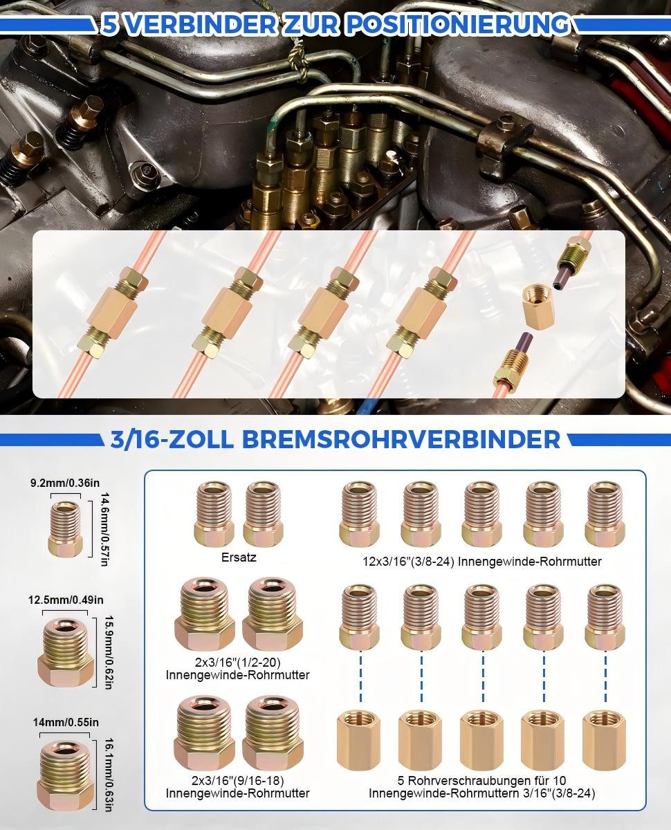 JOYOLEDER Bördelgerät Bremsleitung Bördelgerät für DIN Bördelungen, 4,75 mm, (Universal-Bremsleitungs-Bördelgerät-Satz, 7,62m Ø4,75mm Bremsleitung, mit 16 Anschlüssen+5 Verbinder), für Brems- Bzw Hydraulikleitungen Verwendet