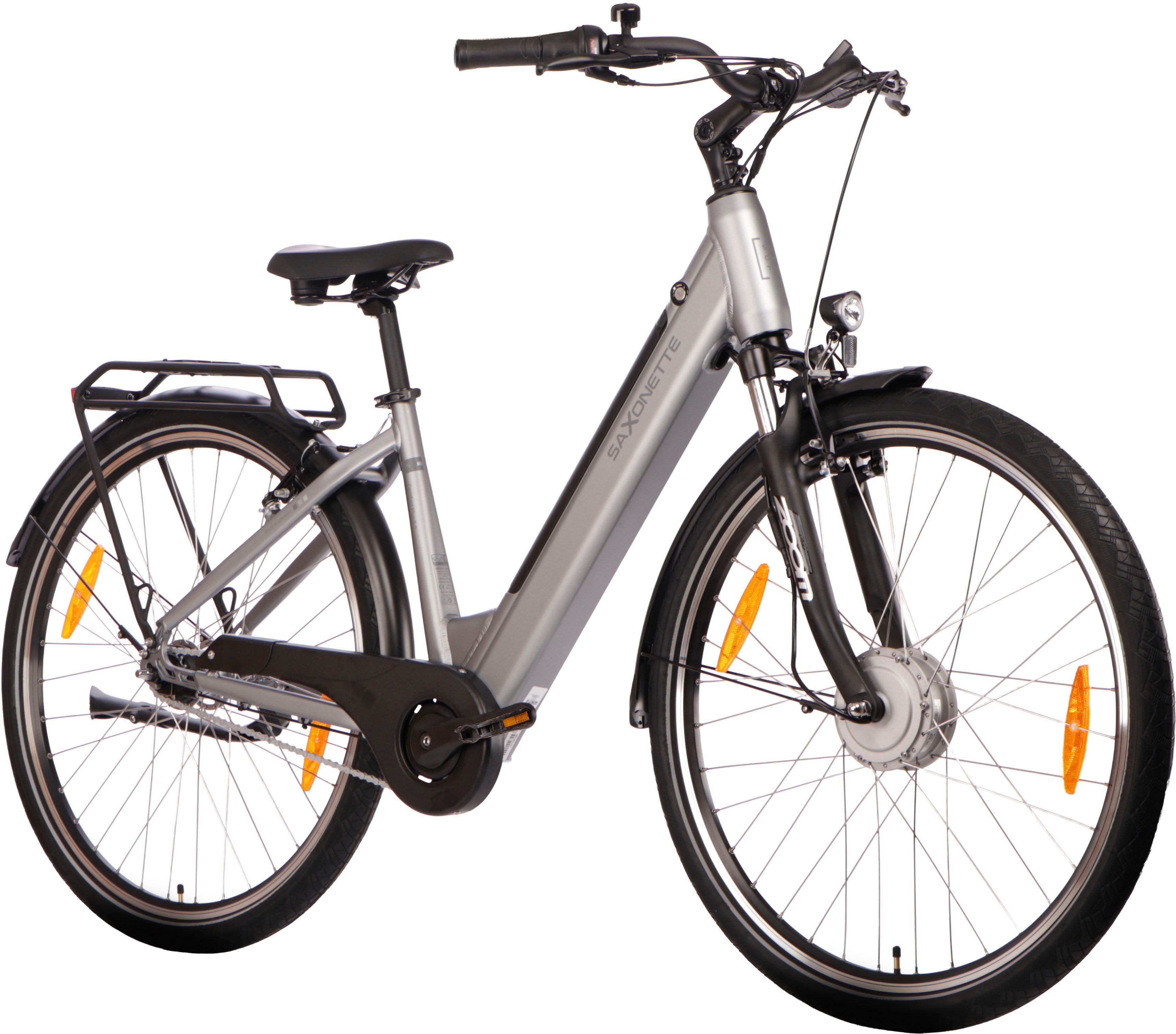 SAXONETTE E-Bike Cityrad SAXONETTE Comfort Plus 5.0 E-Bike Damen 28 Zoll, 7 Gang Shimano Nexus 7 Gänge Schaltwerk, Nabenschaltung, Frontmotor, 468 Wh, (Packung), (mit integr. Akku), Elektrofahrrad für Alltag und Einkauf