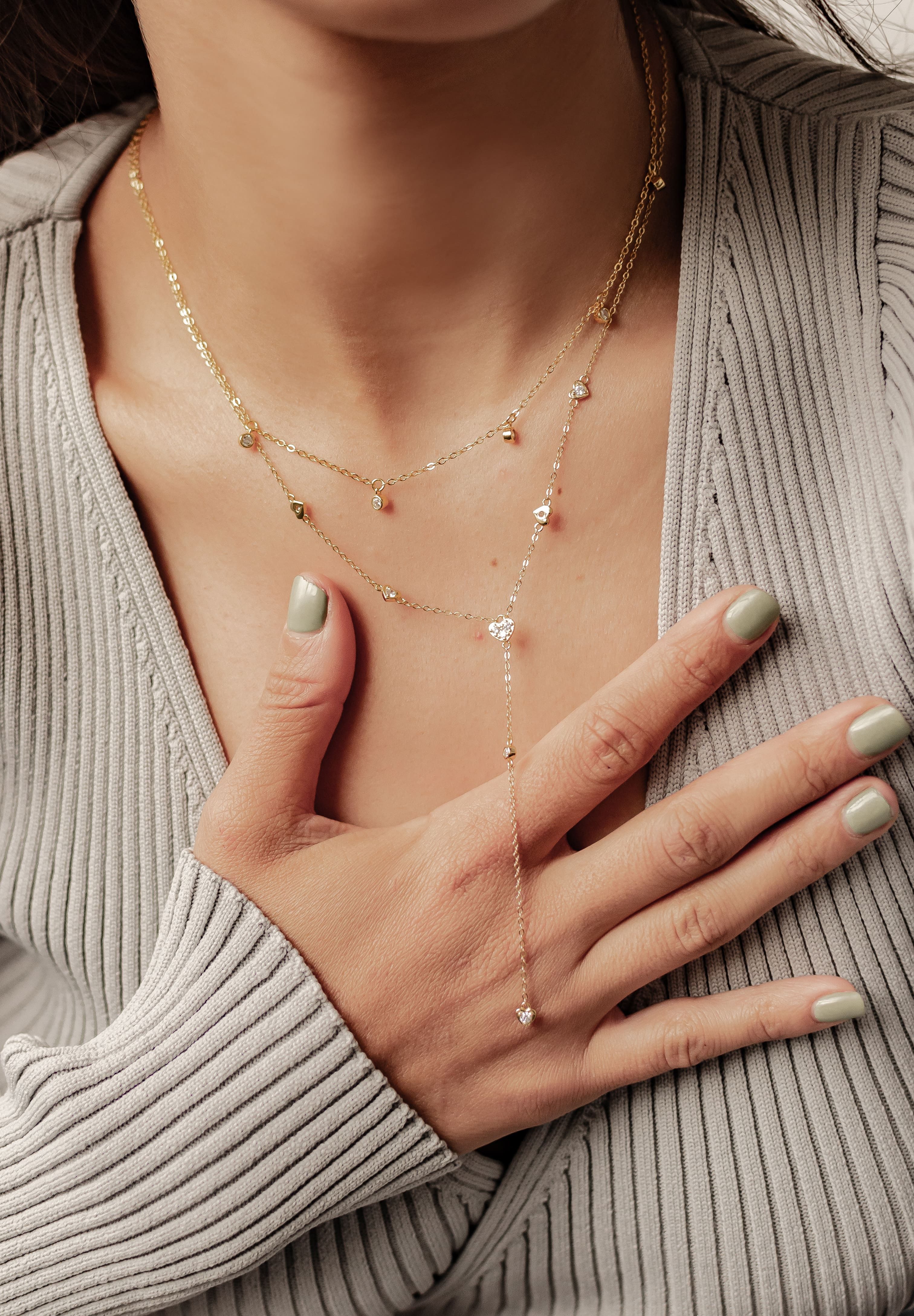 Hey Happiness Collierkettchen-Set Layer Luxuriöse Herzen, 925 Silber Halsketten Zirkonia, 18K Gold, 2er Damenketten Charms Liebe Kristall hängend, Brautschmuck