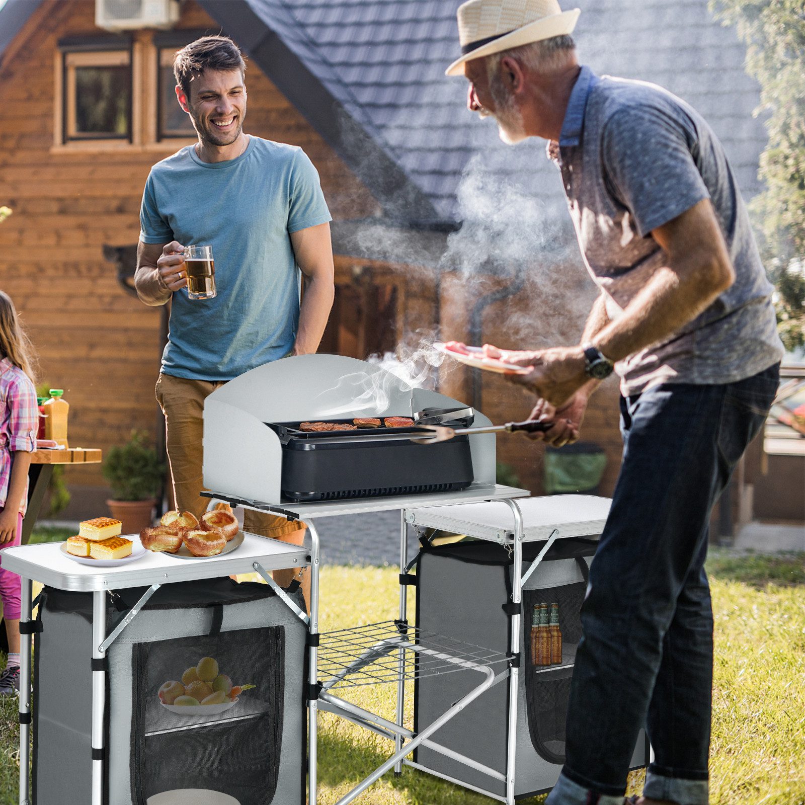 KOMFOTTEU Campingtisch, Campingküche mit Arbeitsplatte, Windschutz, Staufächern & Tragetasche